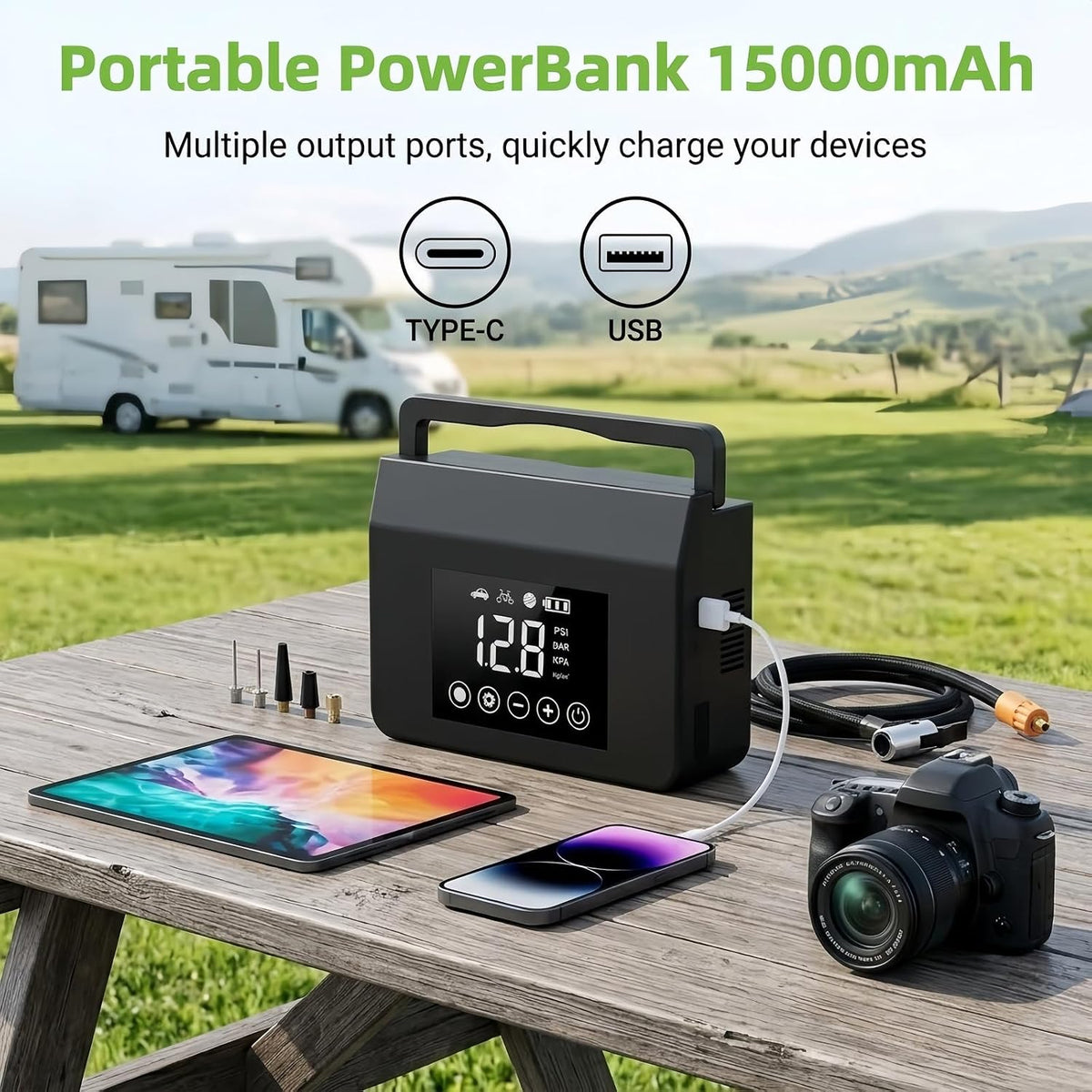 Portable Car Battery Jump Starter with Air Compressor, 4-in-1 Jump Box