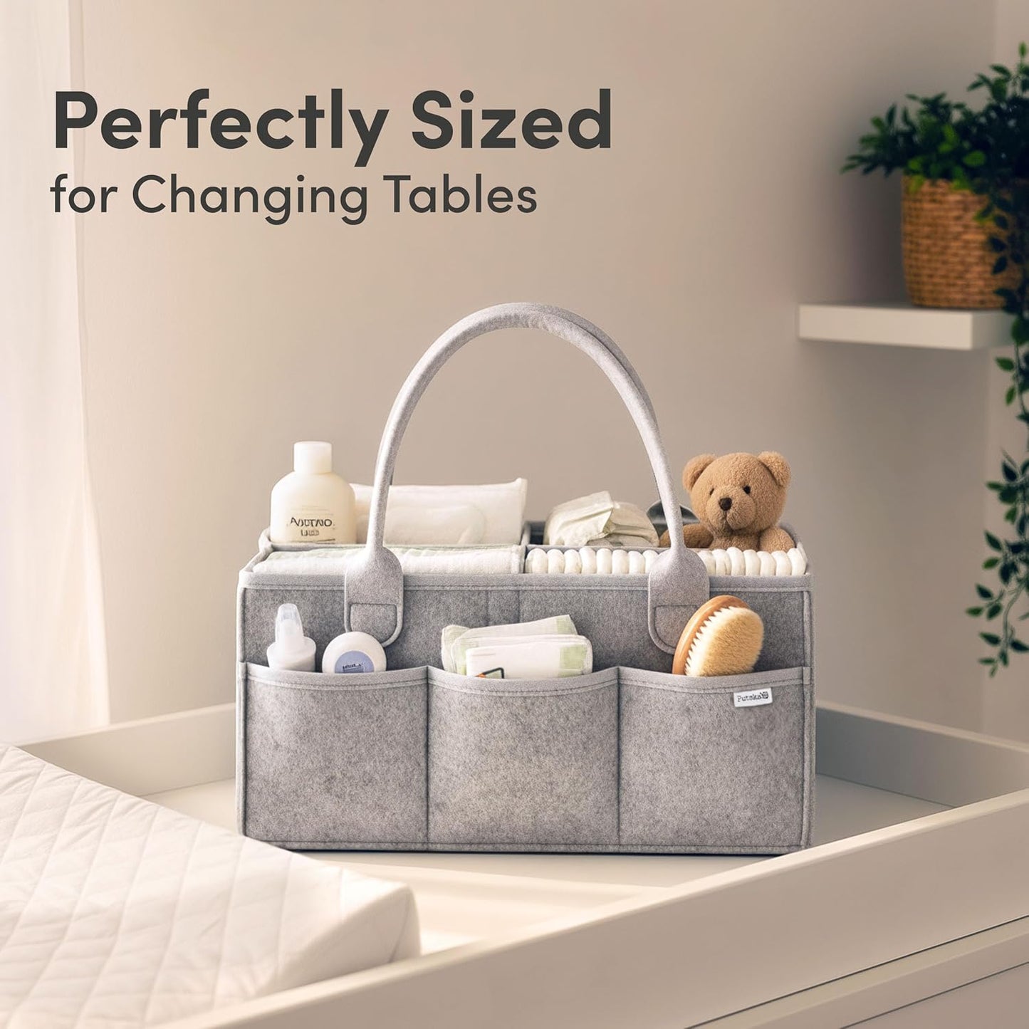 PUTSKA Baby Diaper Caddy Organizer - Nursery Storage Basket for Diaper Station, Baby Basket Shower Gift List and Registry Must-Have, Newborn Essentials, Nursery Decor for Boy or Girl - Grey, Large