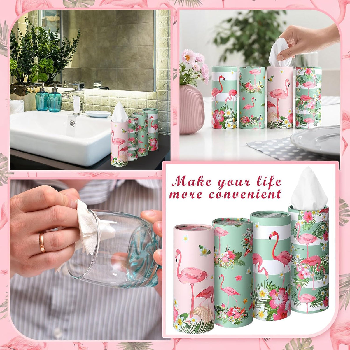 Fourluoo 12 Pack Flamingo Tissue Cylinder Holder Bulk with 3 Ply Facial Tissues Flower Flamingo Round Napkin Holders Cylinder Colorful Travel Paper Tubes Bulk Napkin for Summer Travel Bathroom Decor