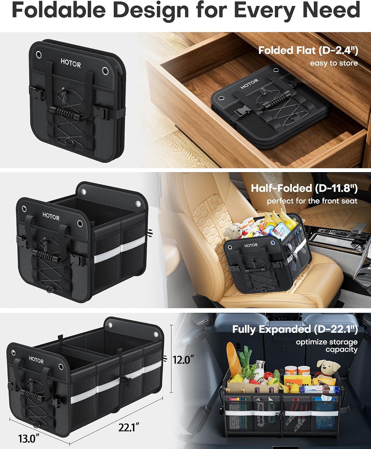 HOTOR Trunk Organizer for SUV – Car Storage Box with Reflective Strips, Collapsible Car Organizer with Large Capacity, Essential Car Accessories for Truck, Van & Sedan, Black, 22.1" x 13.0" x 12.0"