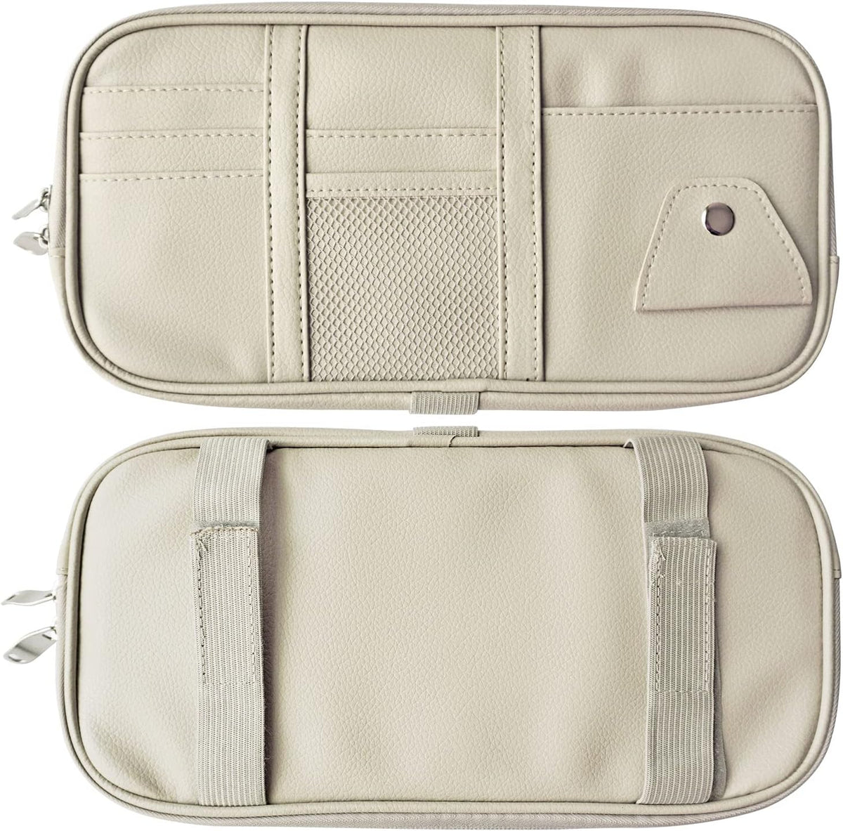 Da by Car Visor Organier Truck SUV Sun Visor Storage Pocket PU Leather Pouch Holder with Multi-Pocket Double Zipper Net Pocket, for Cards Pens Sunglasses Document (Cream Grey)