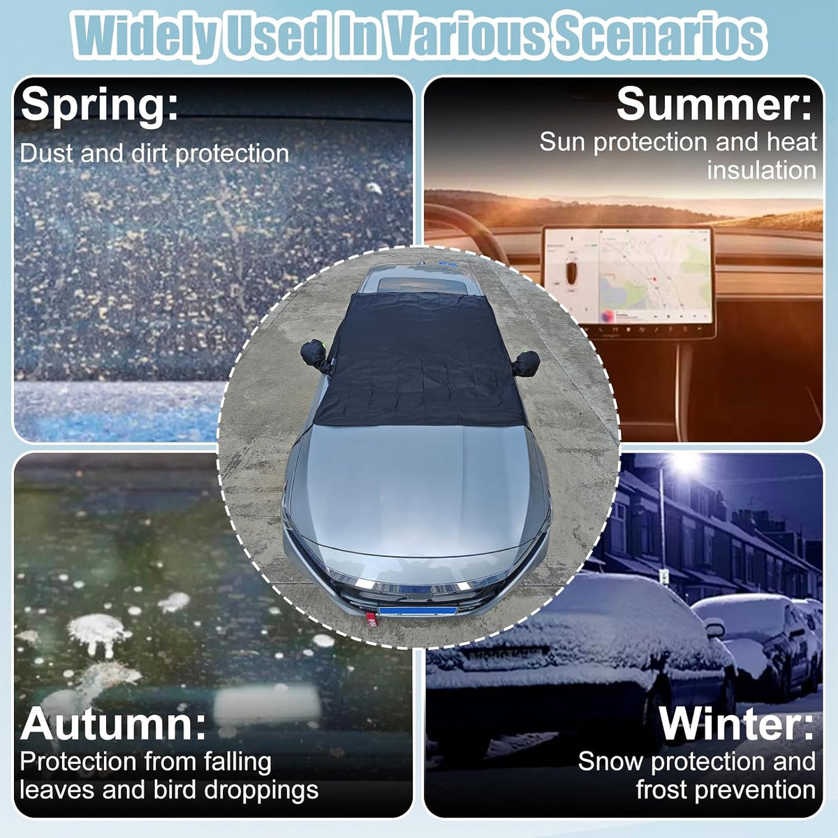 Car Windshield Sun Shade for UV Dust Ice Frost Snow Bird Droppings Outside - Extra Large Thick Oxford with 6 Straps, Summer Sunshade Winter All Weather Protector Cover Universal (Black)