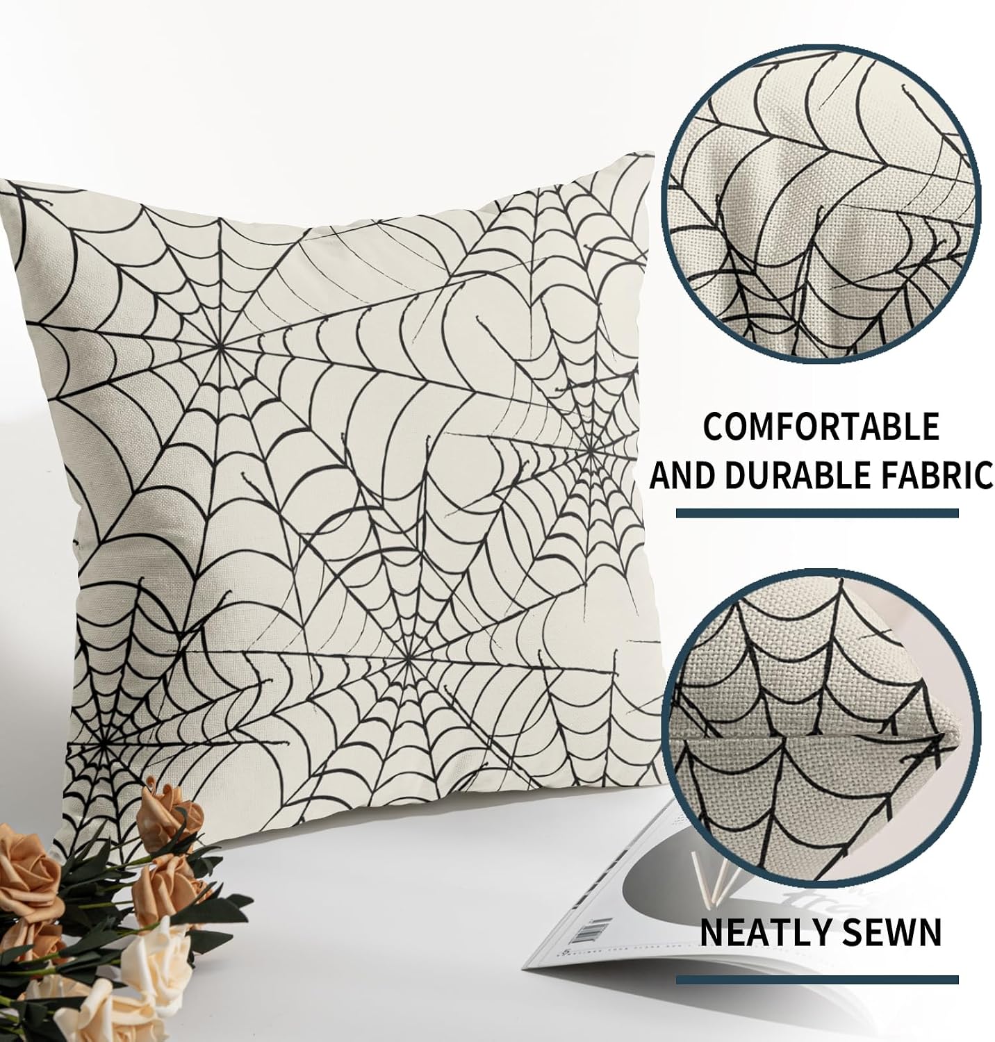 Robvobe Cream Halloween Spiderweb Pillow Covers 18x18 Set of 2 Black Web Outdoor Decorative Throw Pillows Halloween Scary Themed Farmhouse Pillowcases Linen Cushion Case Decor for Home Sofa Couch Bed