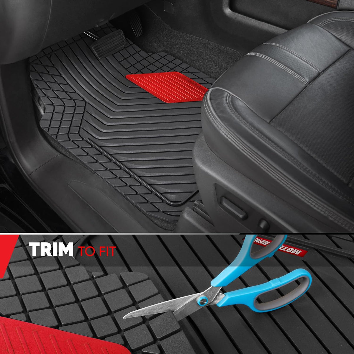 Motor Trend MetallicGuard Car Floor Mats Full Set - Durable Rubber Floor Mats with Red Metallic Heel Pad, All-Weather Interior Protection for Front and Rear with Non-Slip Backing