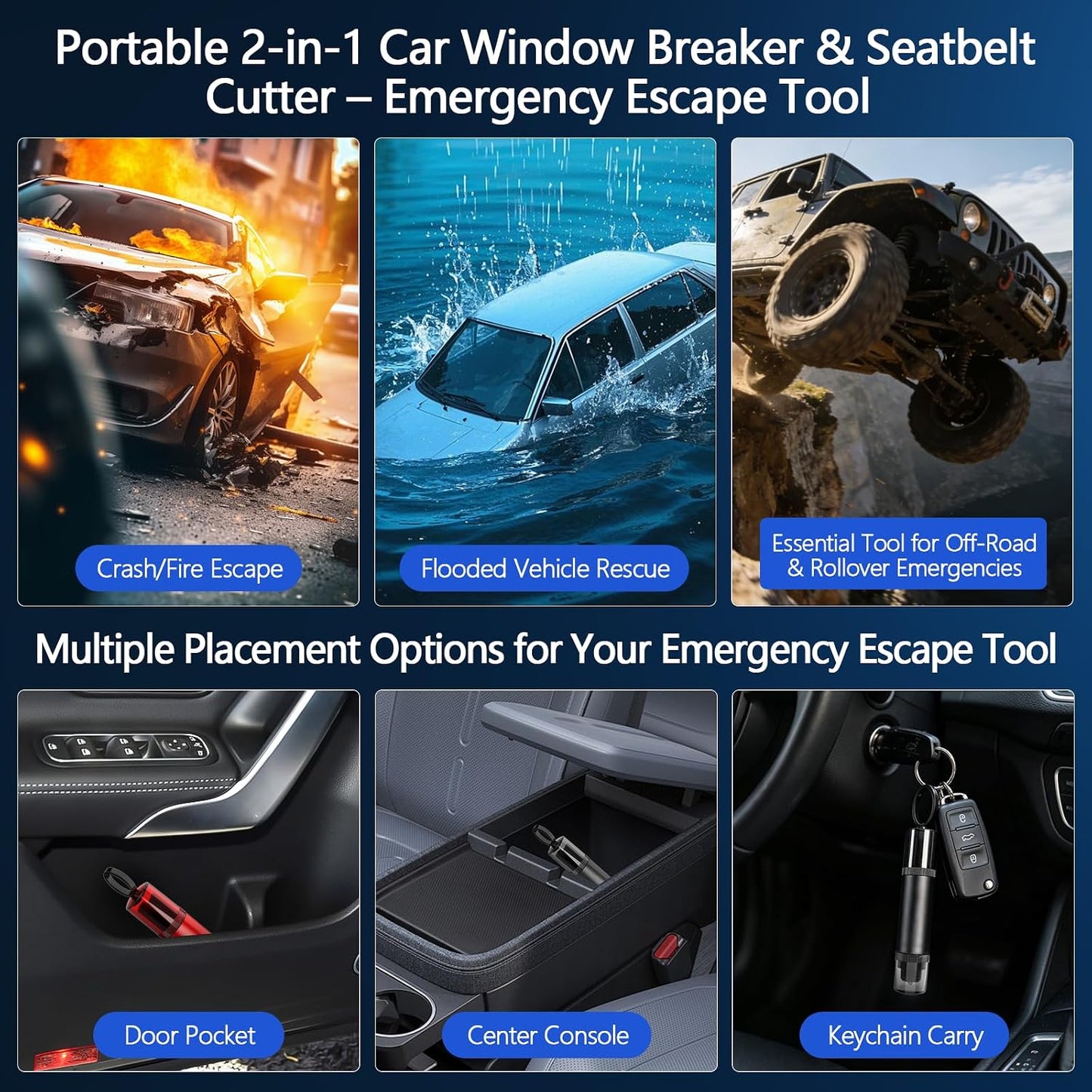 3-Pack Car Window Breaker and Seatbelt Cutter, Spring-Loaded Emergency Escape Tool, Glass Breaker for Underwater Use, 4 Car Door Shock Pads Included
