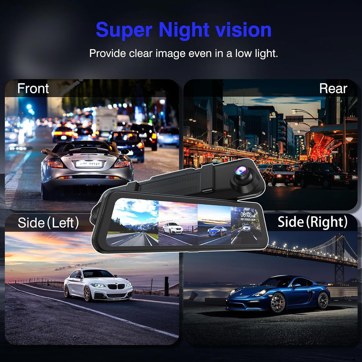 360° View 4 Channel Mirror Dash Cam Detached Side Camera for Cars