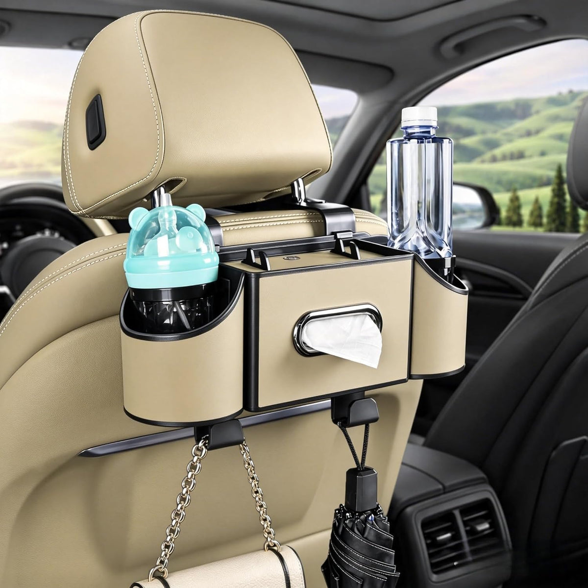 Back Seat Car Organizer, 2 Cup Holders, Tissue Holder, Phone Stand & Hooks