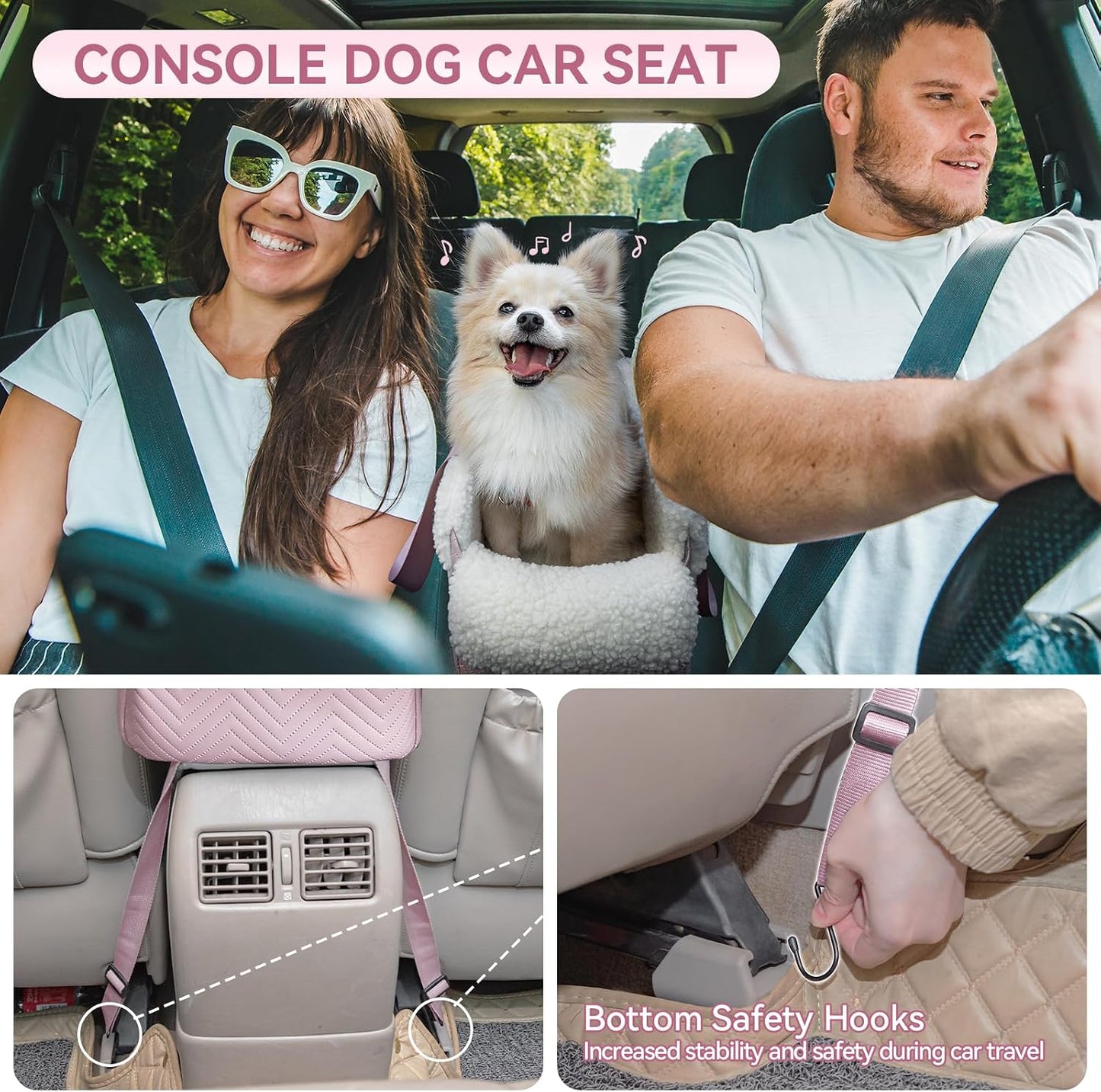 PETSFIT Cat Car Seat, Portable Console Dog Car Seat with Safe Protective Hooks, Luxury Pet Car Seat Includes Safety Leash and Storage Pocket for Pets Up to 9 lbs (Pink)