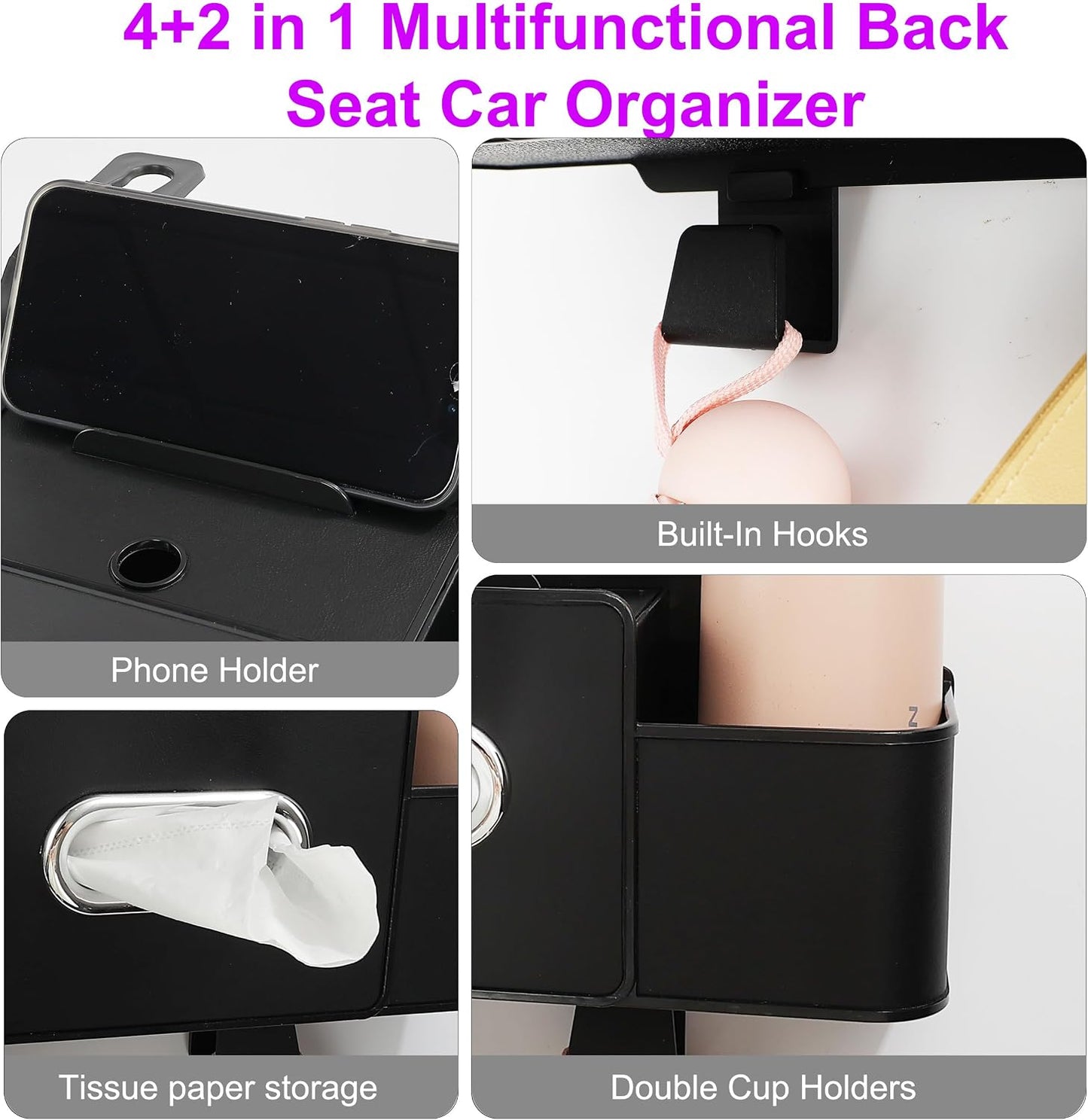 Amooca Back Seat Car Organizer, 4+2 in 1 Multifunctional Car Backseat Storage Box with 2 Cup Holders Tissue Box Hook, Car Interior Storage for Travel Phones Snacks Drinks(Black)