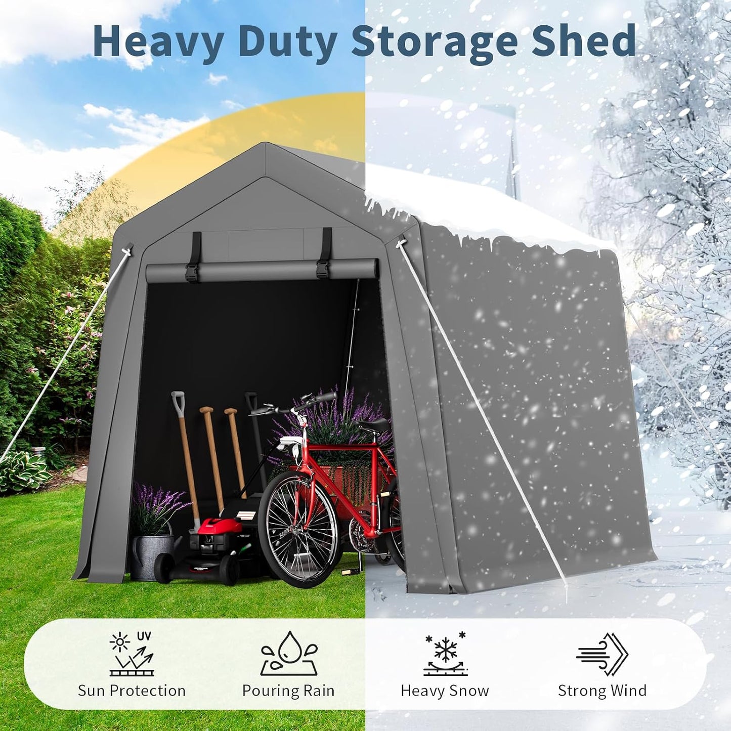 Portable Carport Storage Shed, 6' x 6' Motorcycle Tent, Waterproof & UV-Resistant with Roll-Up Zipper Doors, Gray Outdoor Shelter for Bikes, Tools & Equipment