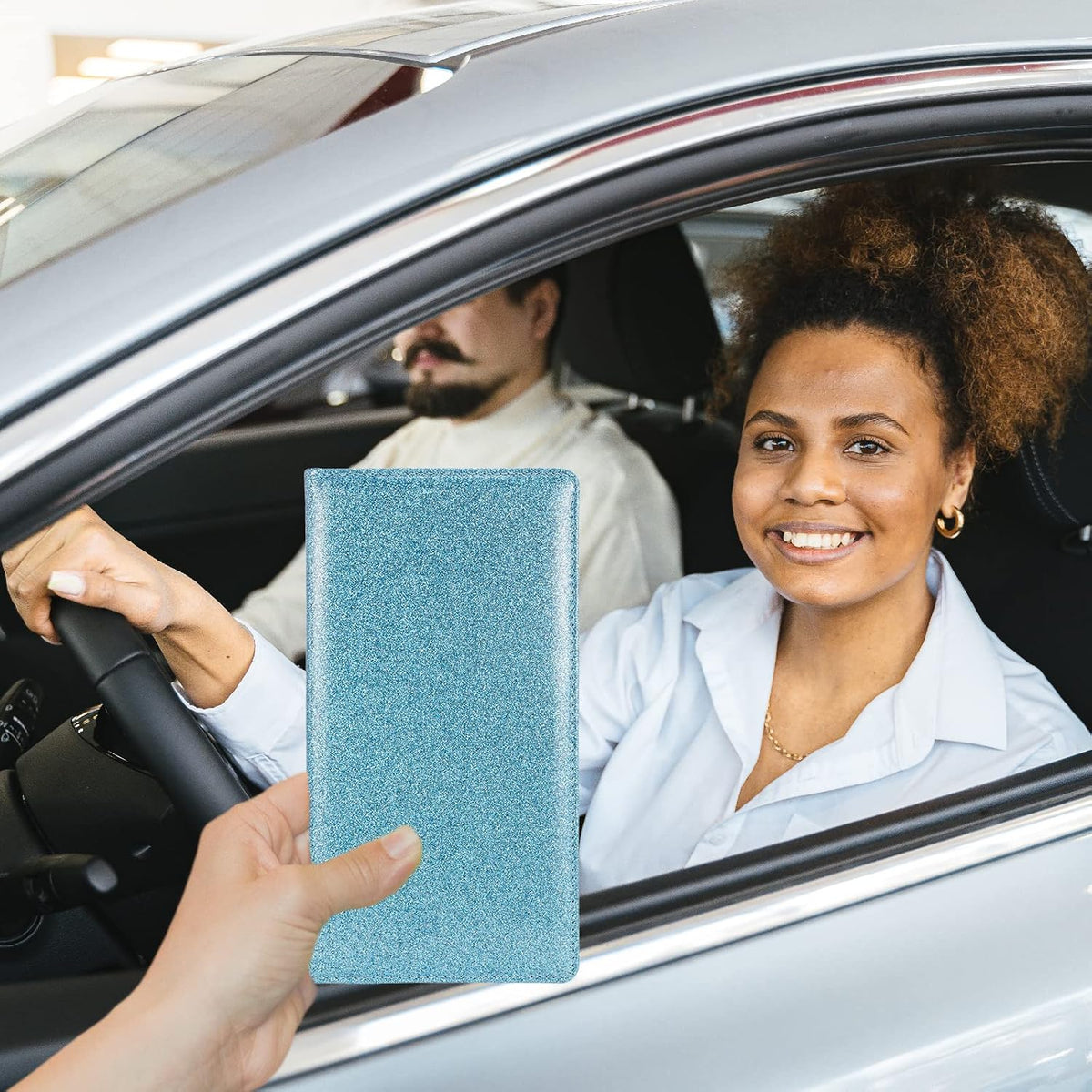Leather Car Registration Insurance Holder Magnetic Shut, Glitter Light Blue