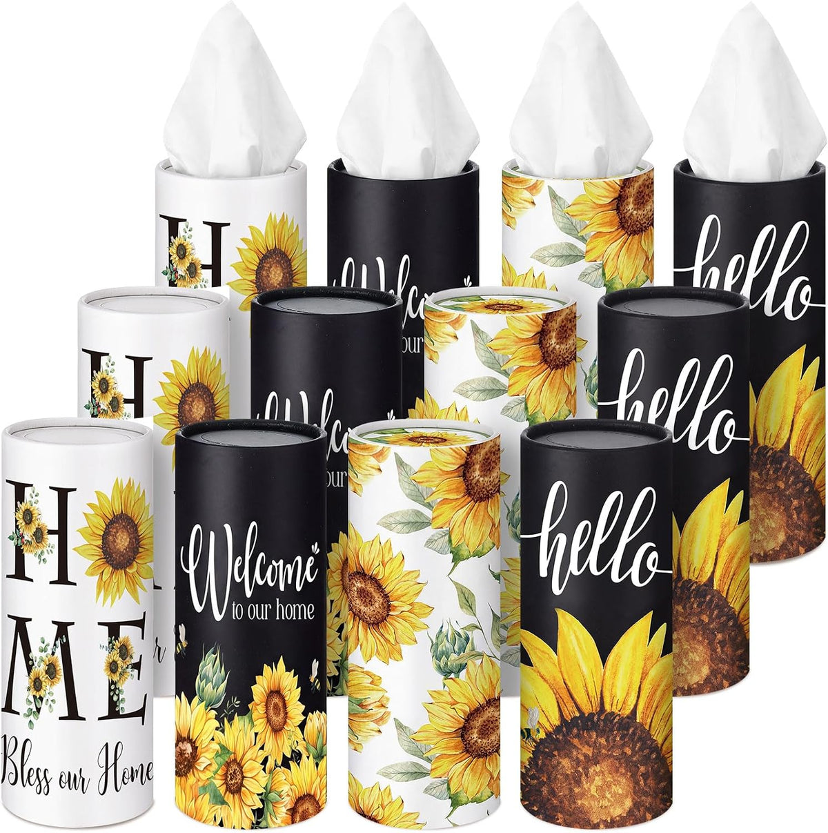 Fourluoo 12 Pack Flower Line Art Tissue Boxes for Car Cylinder Bulk Colorful Floral Round Cylinder Holder with 3 Ply Facial Tissues for Spring Summer Travel Bathroom Office Decoration