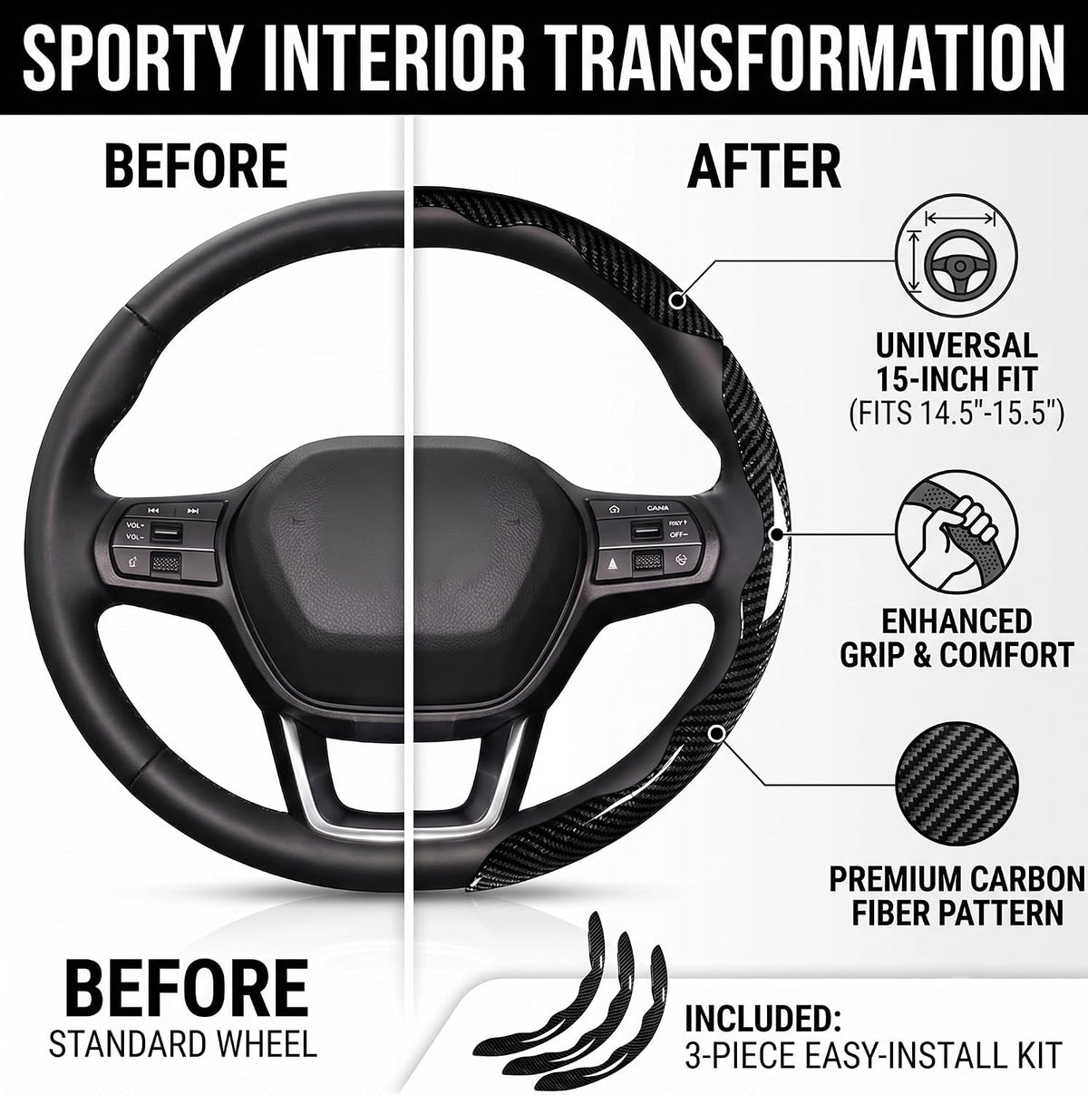 Carbon Fiber Steering Wheel Cover 3pcs Segmented Car Steering Wheel Cover