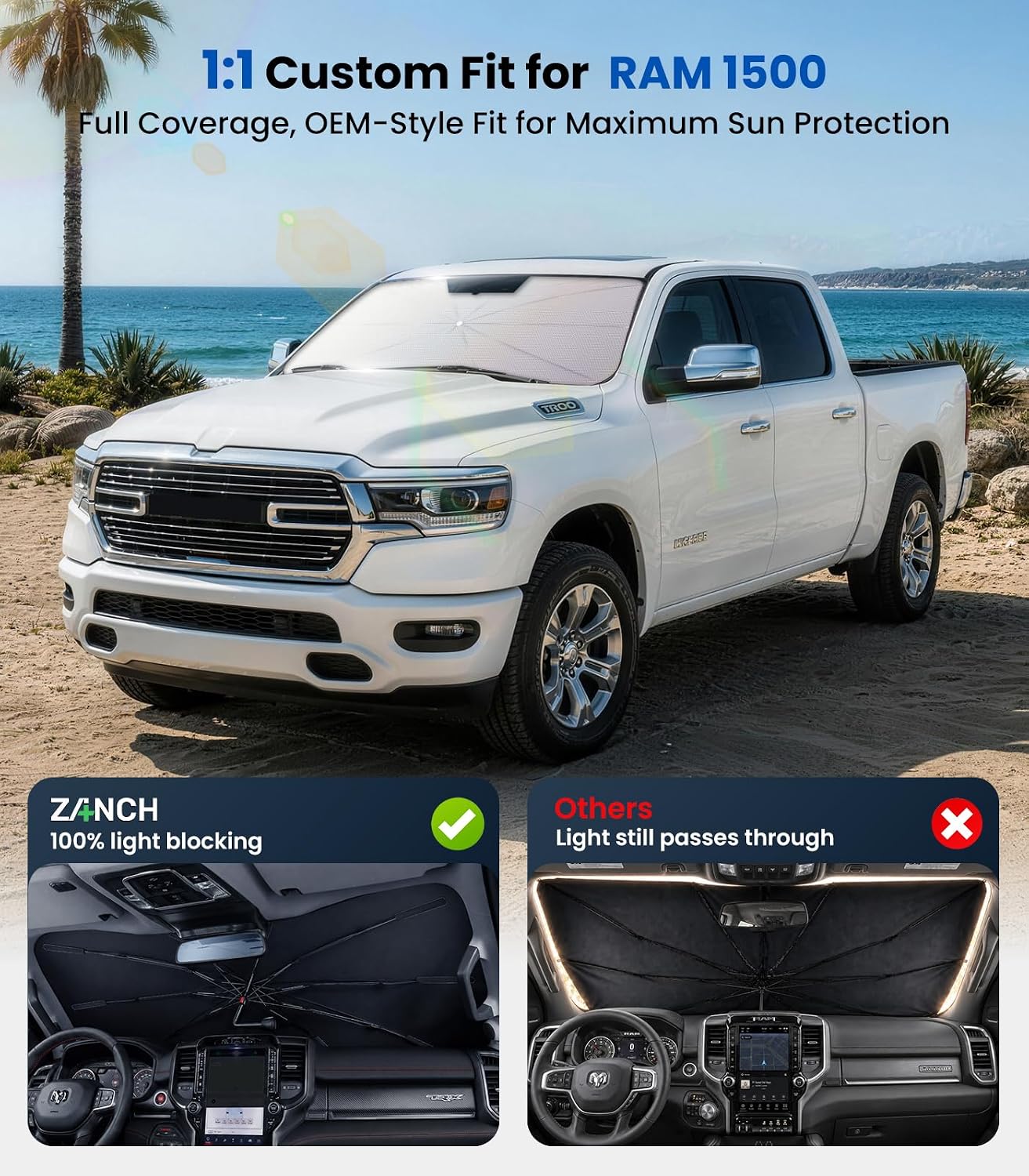 Zanch Windshield Sun Shade Umbrella: 1:1 Custom Fit for Ram 1500 2011-2026 [99% UV Protection, Up to 75℉ Cooler] Reflective Heat Shield, Built to Last, No Scratches, Foldable Front Sunshade Umbrella
