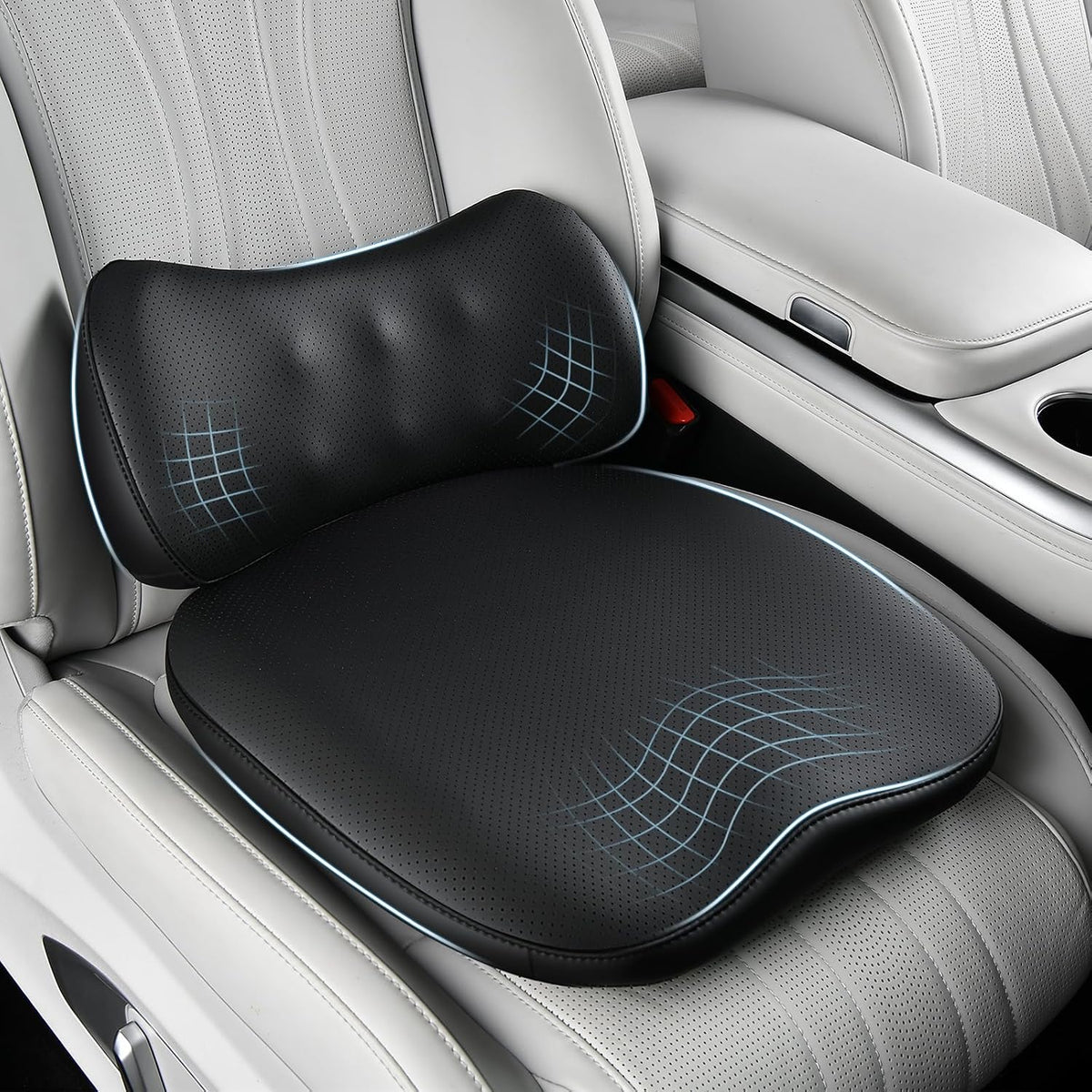 Coverado Memory Foam Car Seat Cushion and Lumbar Support Pillow for Driving Seat, Ergonomic Design Soft and Breathable PU Leather, High Density Memory Foam for Neck & Lower Back Pain Relie
