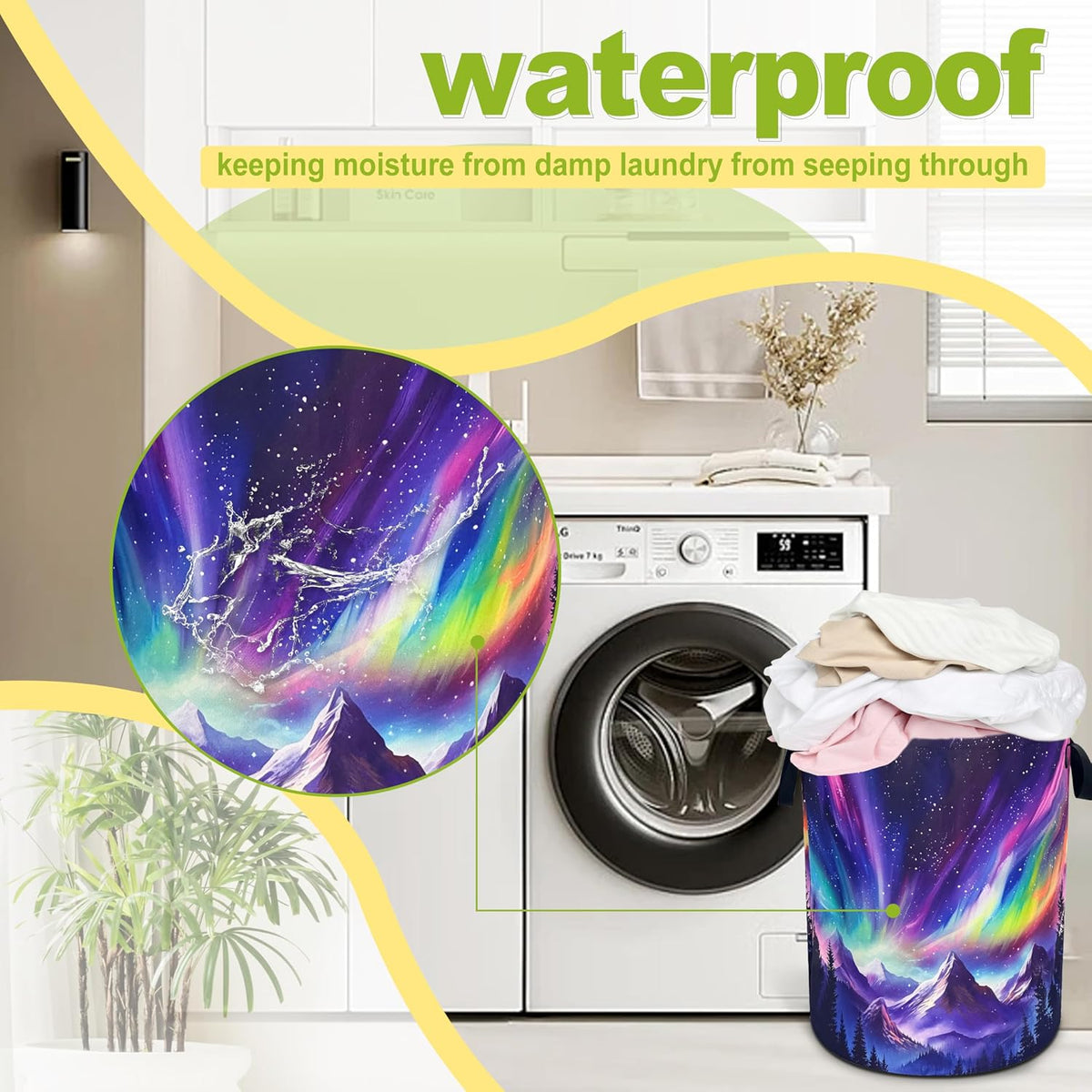 Aurora Mountains Laundry Basket Night Sky Forest Foldable Oxford Cloth