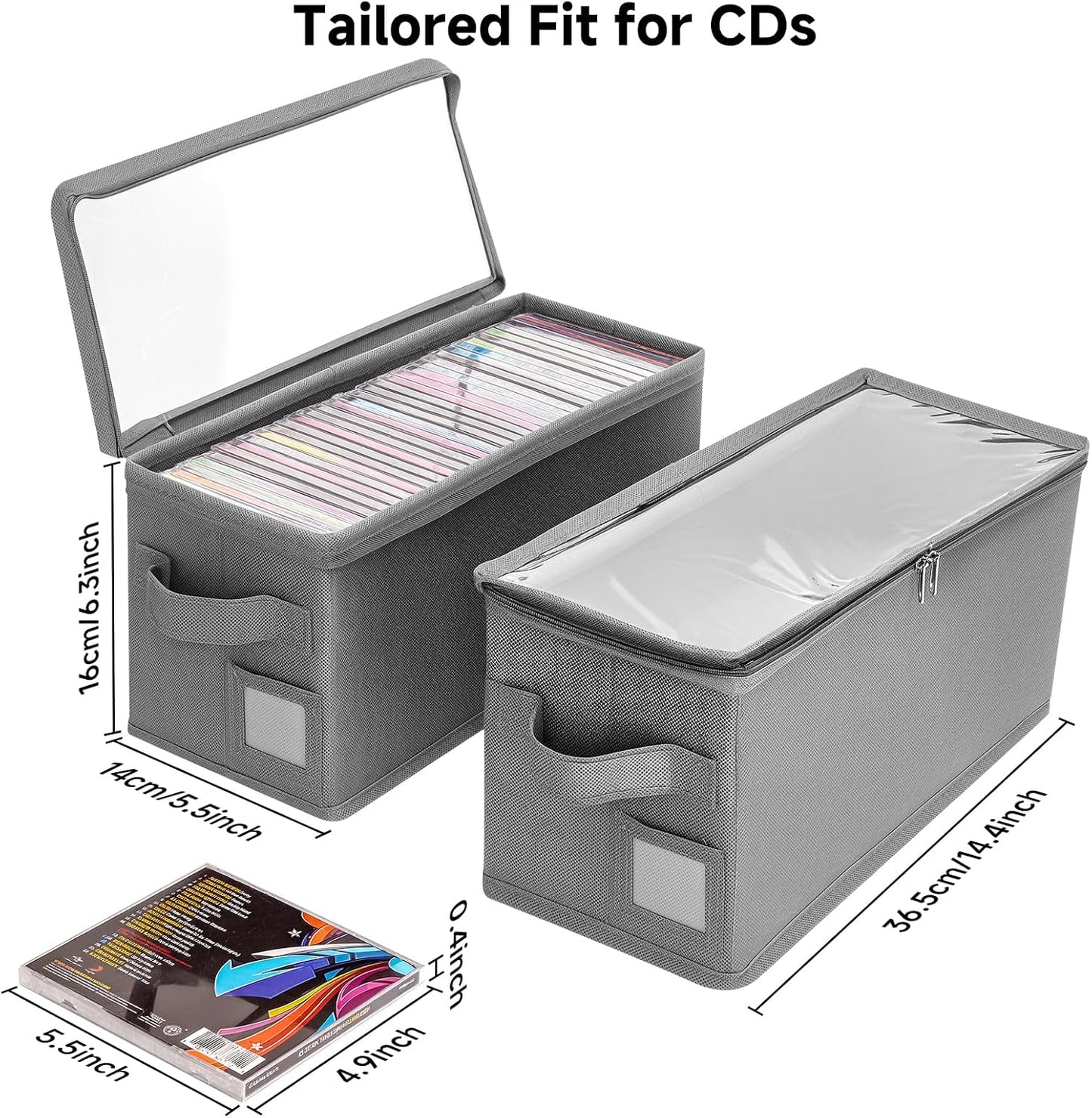 Stackable CD Holder & Storage Case - CD Storage Box Organizer with Lid & Handle - Dustproof CD Container with Clear PVC Top - 2Pack (Gray)