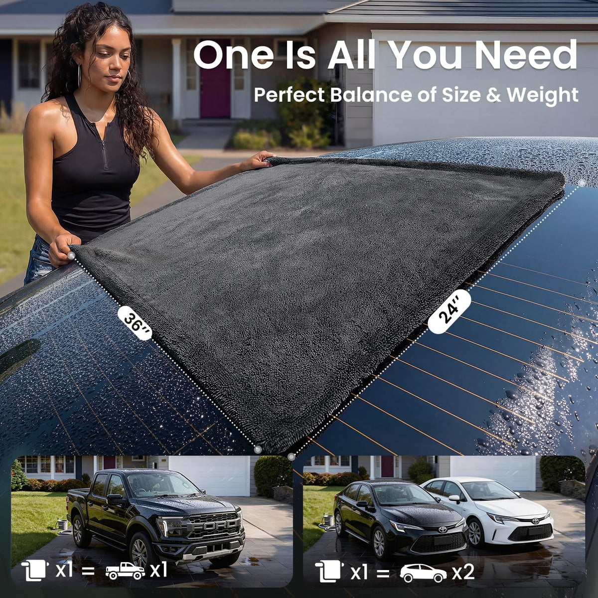 REEVAA 2 Pack 1300 GSM Car Drying Towel,Microfiber Cleaning,Black Gray
