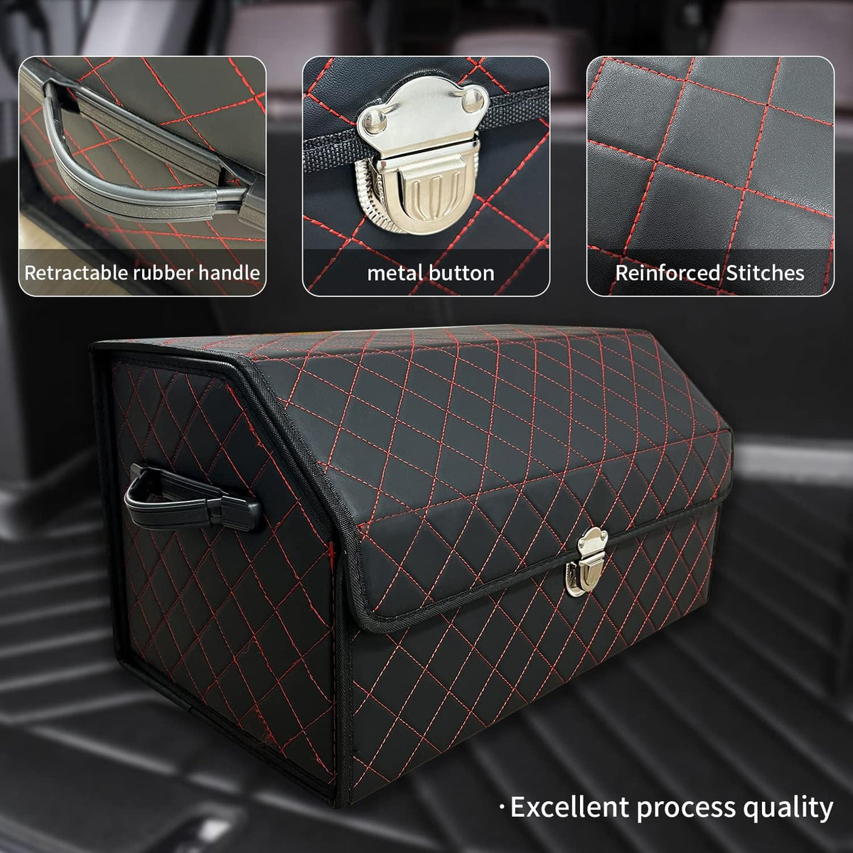 Trunk Organizer for Car With Lid,Foldable Trunk Organizer for SUVs & Sedans,Multi-Functional Leather Storage Box- Black Red Grid - Small