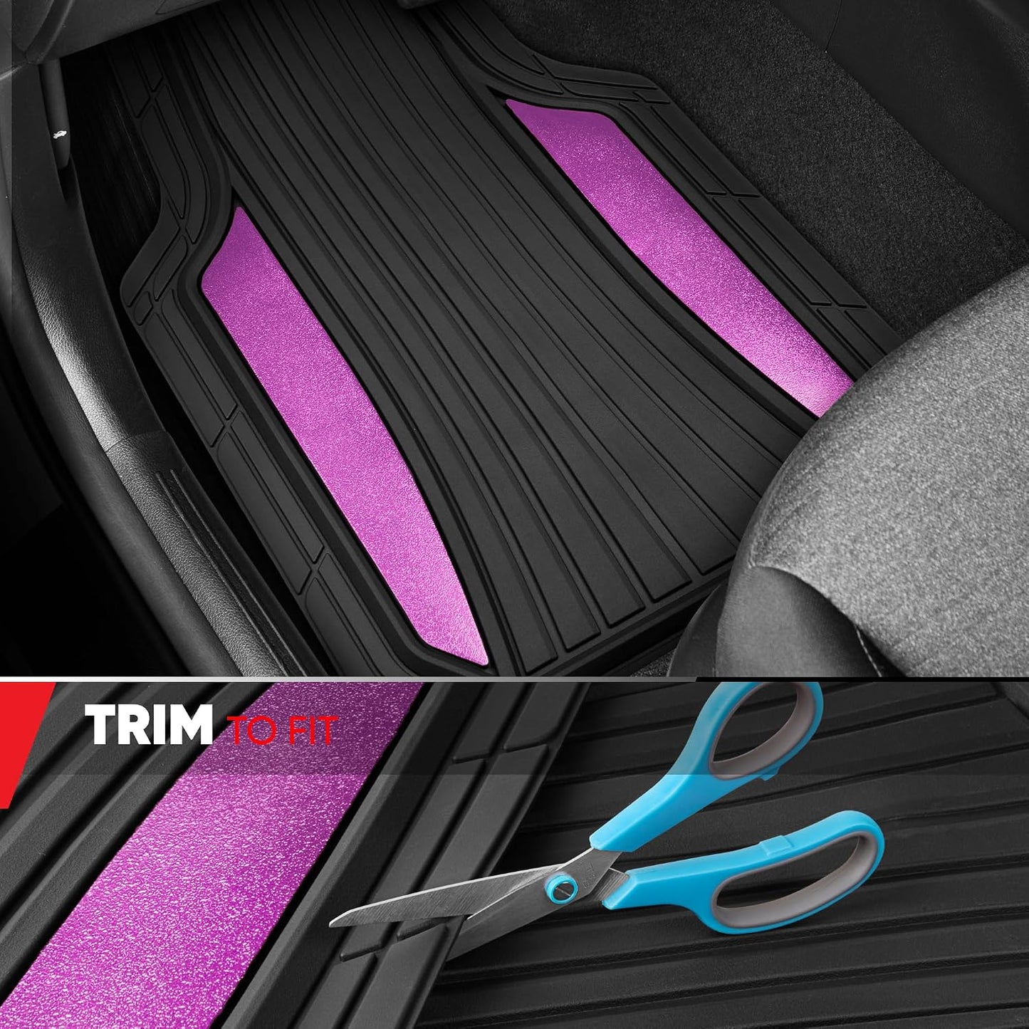 Motor Trend ChromeTech Car Floor Mats Full Set - Durable Rubber Floor Mats for Cars with Two Tone Accent, All Weather Interior Protection for Front and Rear with Non-Slip Backing, Black & Pink