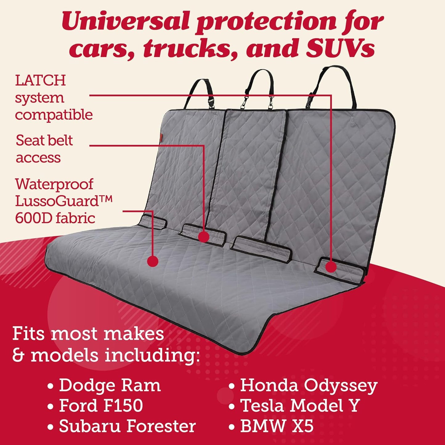 Lusso Gear Car Seat Cover & Protector for Dogs - Non-Slip Waterproof Seat Covers for Trucks & Cars - Universal Fit Dog Backseat Protector - Machine-Washable Pet Travel Accessories - Gray, Large