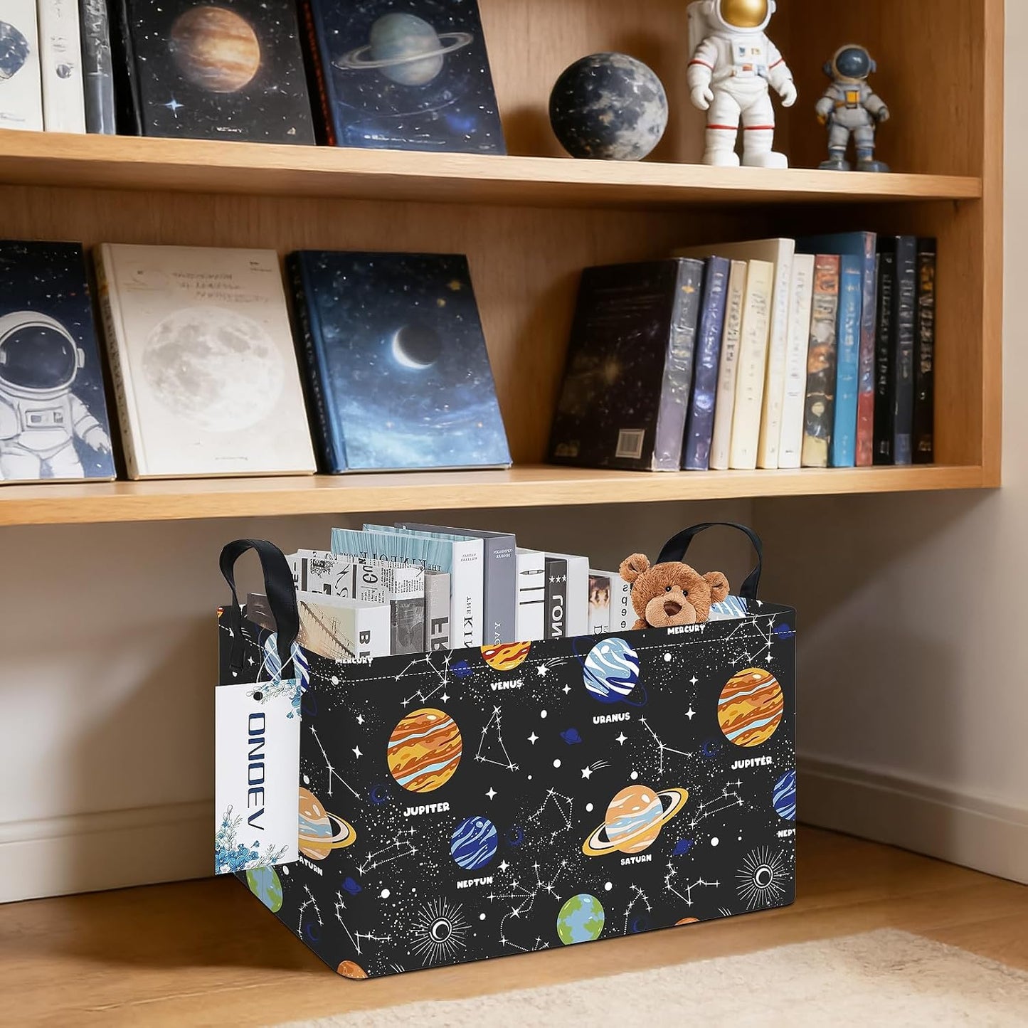 Rectangular Solar System Planet Storage Bin, Closet Organizer Basket | Moisture repellent textile, reinforced carry grips, collapsible holder tidies cabinet and teenage bedroom belongings