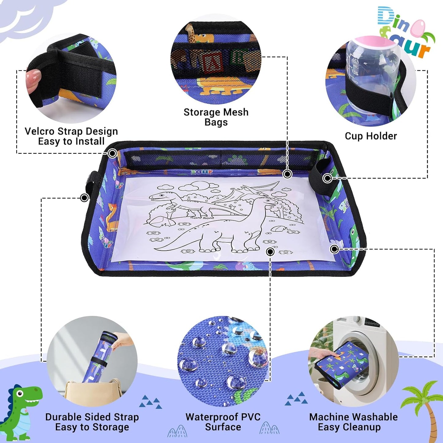 COOLBEBE Airplane Tray Table Cover, Foldable Travel Tray Cover for Toddlers 1-3, Universal Fit for Airplane, Car Seat, High Chair, Machine Washable, Portable, Blue Dinosaur