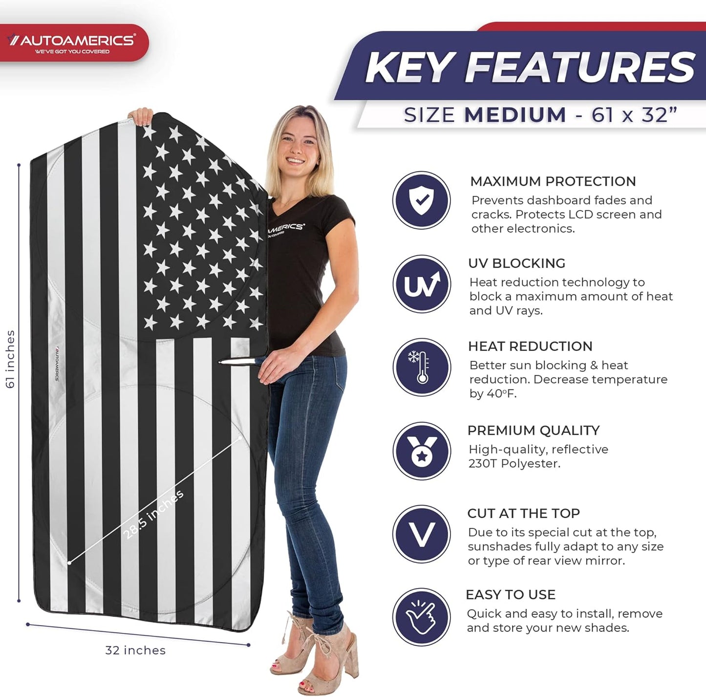 Autoamerics 1-Piece Windshield Sun Shade B&W American Flag USA Patriotic Design - Foldable Car Front Window Sunshade for Most Sedans SUV Truck - Blocks Max UV Rays and Keeps Your Vehicle Cool - Medium
