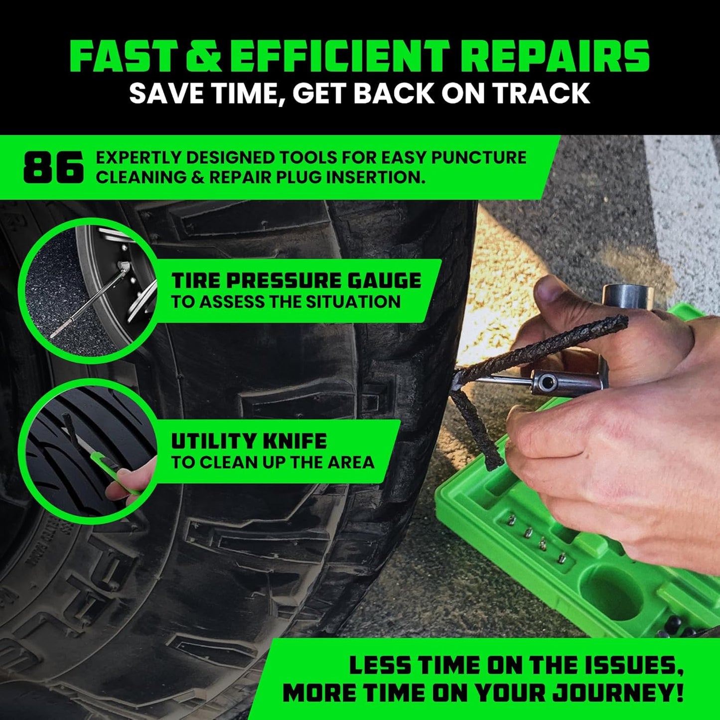 Rhino USA Tire Repair Kit (86-Piece) Professional Heavy Duty Tire Plug Kit to Fix Punctures & Patch Flats with Ease - Ultimate Tubeless Tire Repair Tools for Car, Motorcycle, ATV, UTV, RV and Trailer