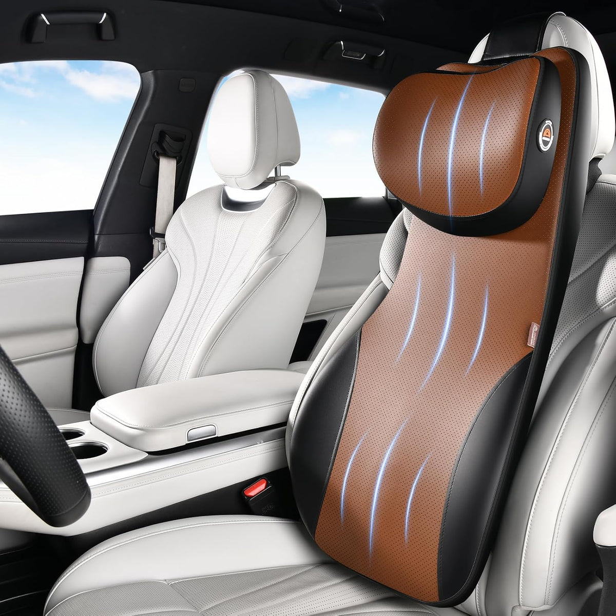 Coverado Neck and Lumbar Support for Car, Ergonomic Memory Foam& Breathable Leather Car Back Support, Adjustable-Height Velcro Design Car Neck Pillow, Car Cushion Neck Back Pain Relief, Black&Brown