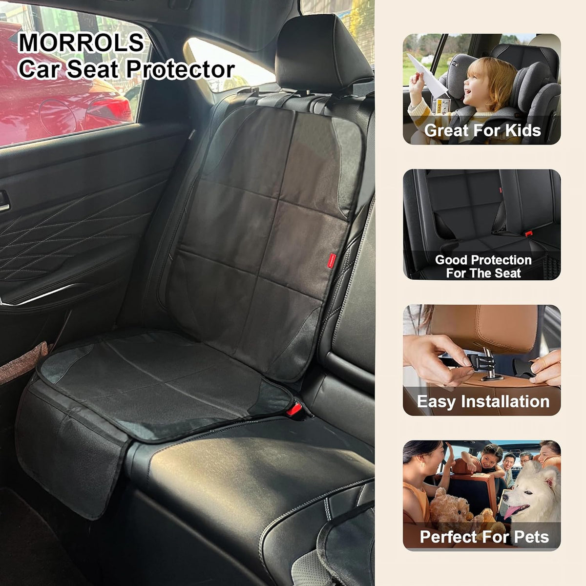 MORROLS Car Seat Protector for Child Seats,1 Pack Car Seat Cushion,Waterproof Fabric Car Seat Covers for Non-Slip Backing Mesh Pockets for Baby,Pet,SUV, Sedan and Trunk(Black)