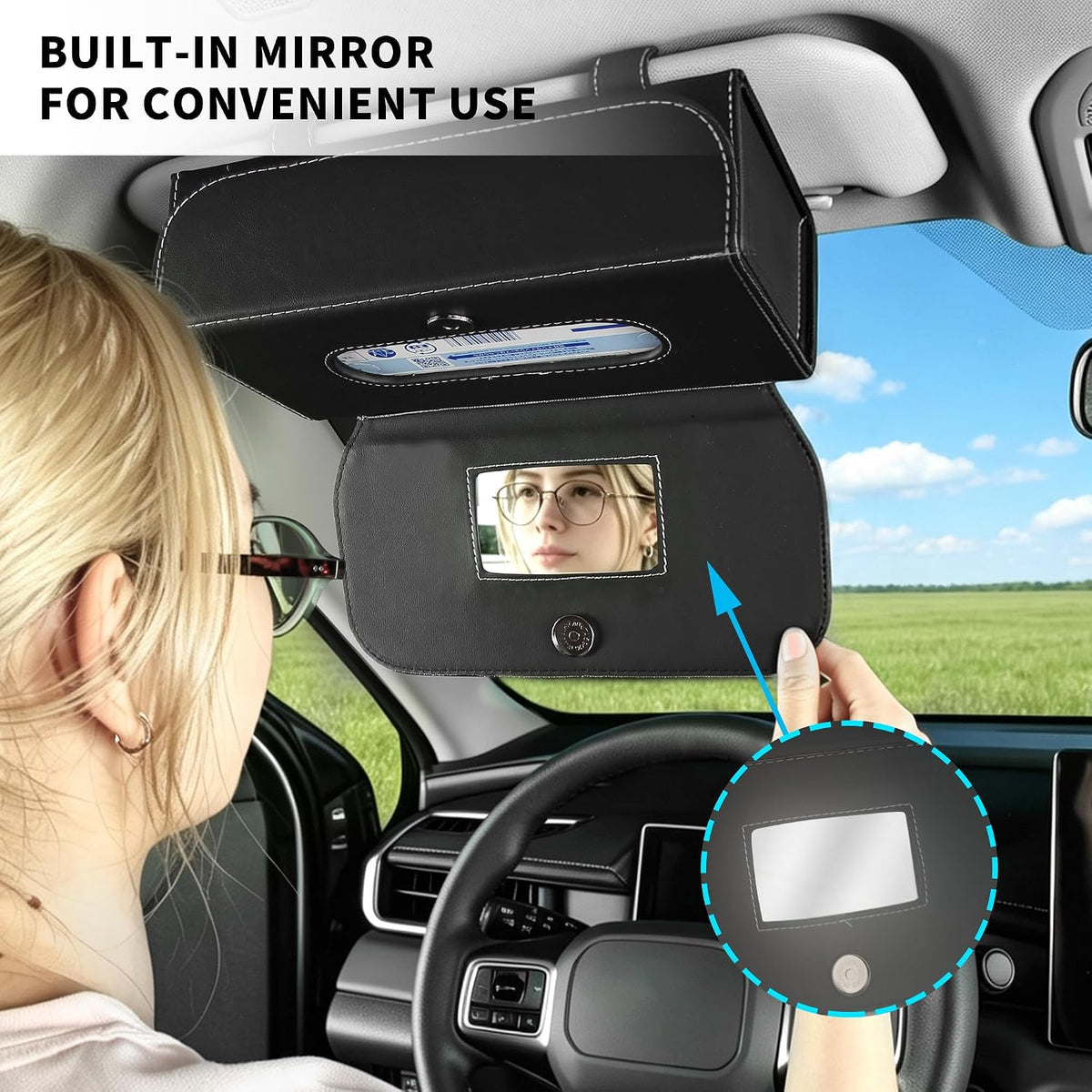 Car PU Leather Clip On Visor Tissue Holder with Mirror Storage Black