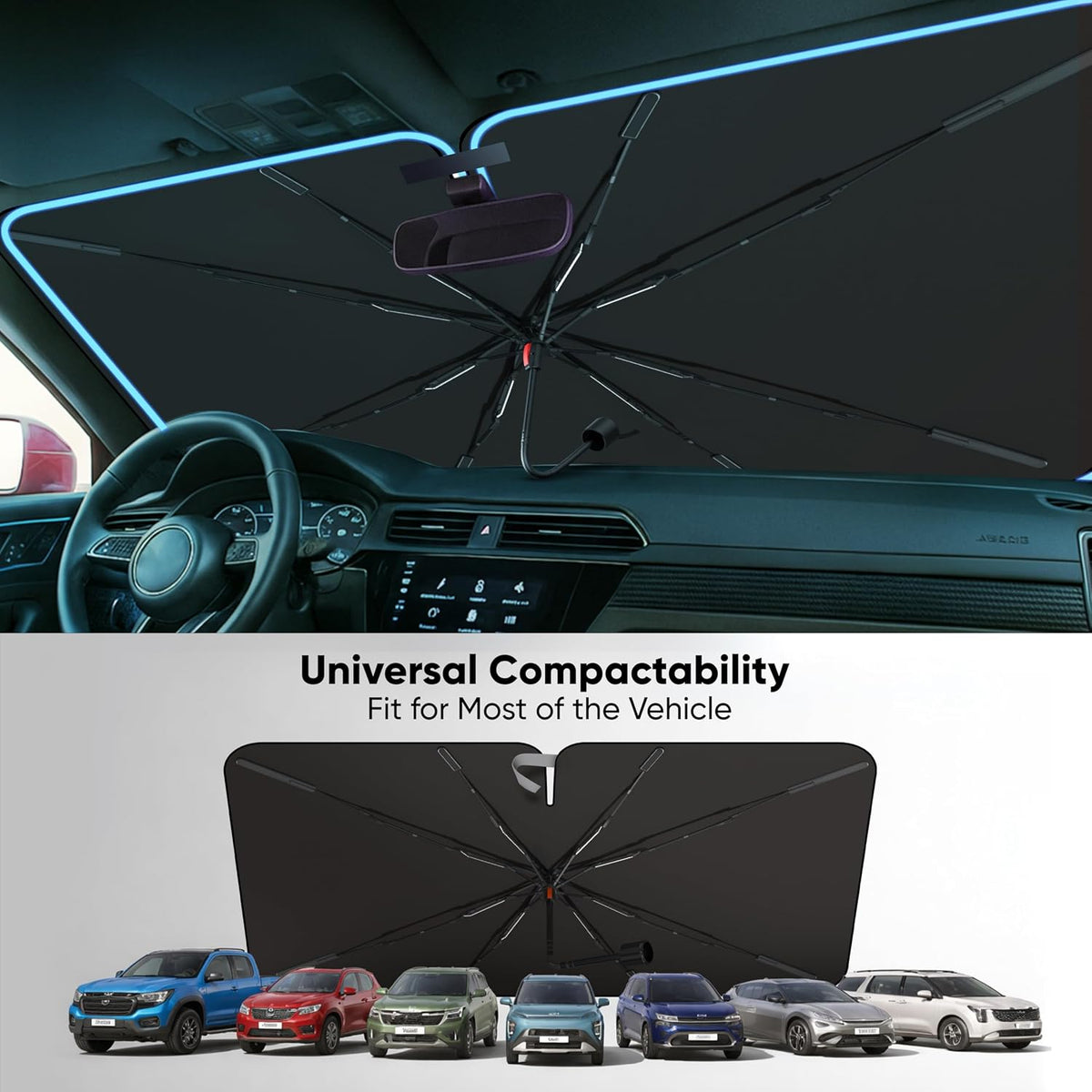 EcoNour Umbrella Windshield Sun Shade, Foldable Front Umbrella Car Windshield Shade with UV & Heat Protection | Sun Visor for Car 57"x36.75"