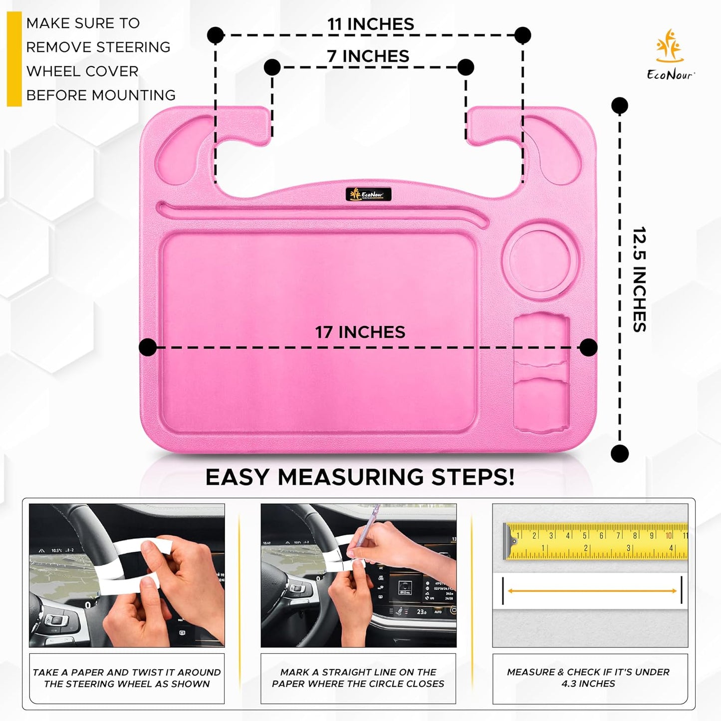 EcoNour 4 in 1 Car Steering Wheel Tray - 2024 Upgraded Pink Tray with Dual Sauce Dip Holder and Tablet Holder | Spacious Steering Wheel Desk for Food and Laptop | Car Accessories (Large)