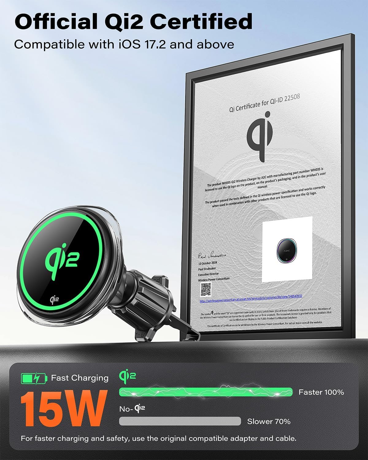 A2C Qi2 15W Wireless Car Charger CD Mount for MagSafe CD Slot | Air Vent