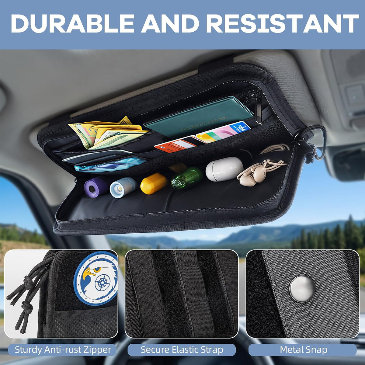 TICARVE Car Sun Visor Organizer Heavy 1000D Nylon MOLLE Pouch Zipper Black