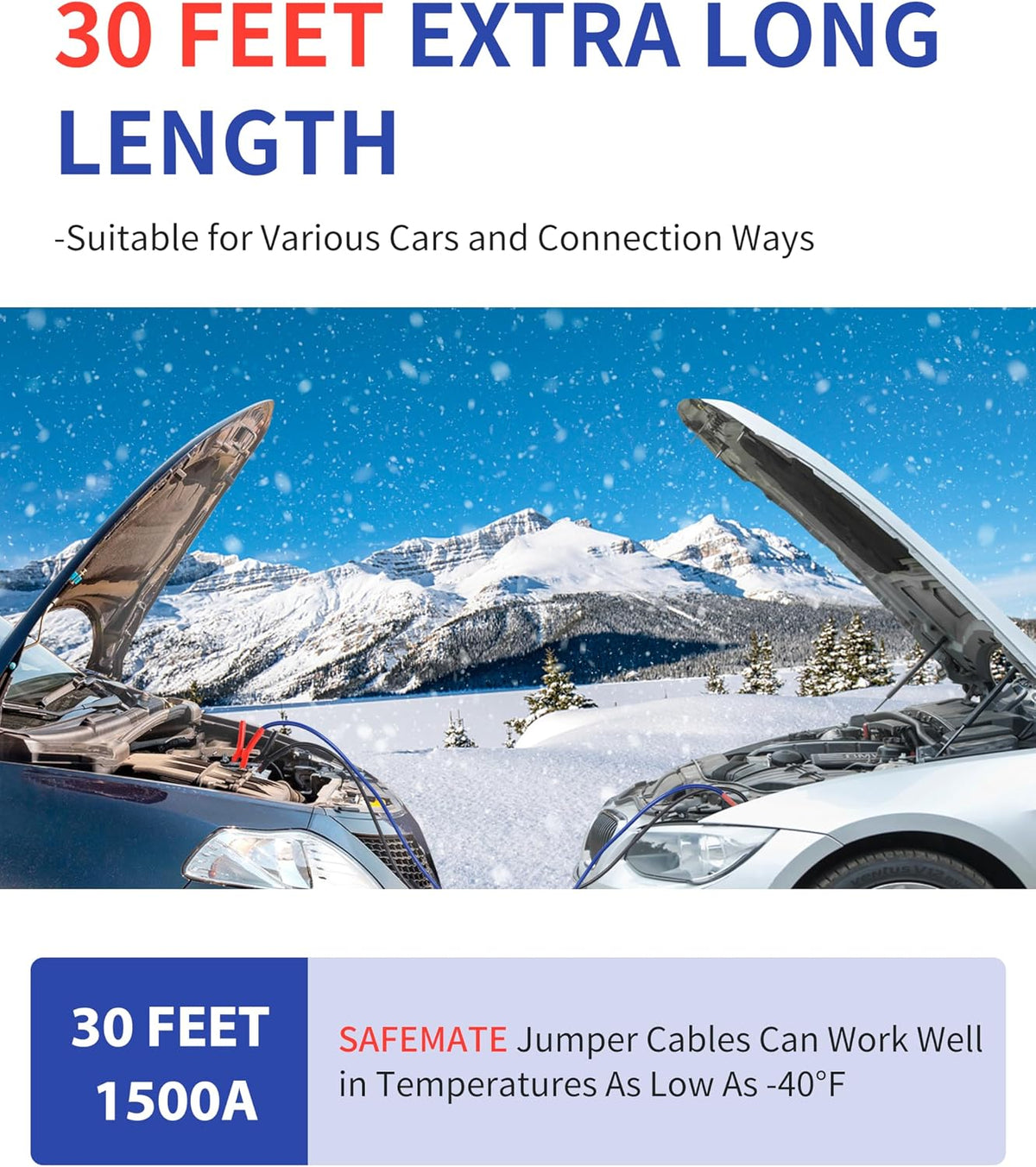 SAFEMATE 2/0 Gauge 30 FT Heavy Duty Jumper Cables - 1500Amp Booster Jumper Cable for Car, SUV and Trucks Battery - Quick Connect, Blue