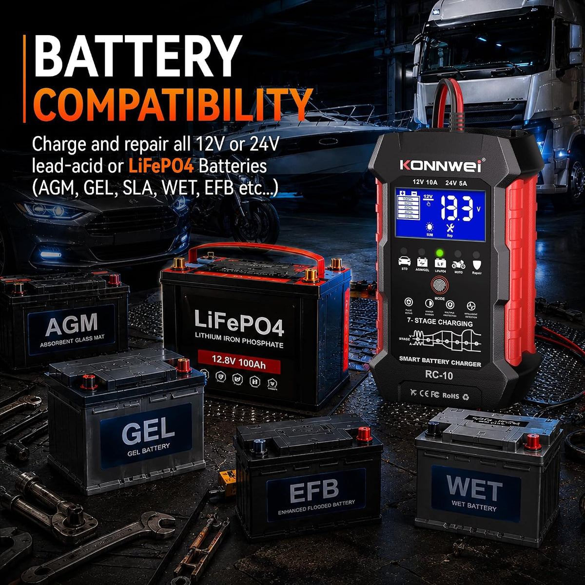 KONNWEI 12V/24V Battery Charger,Smart Trickle Charger Maintainer LiFePO4