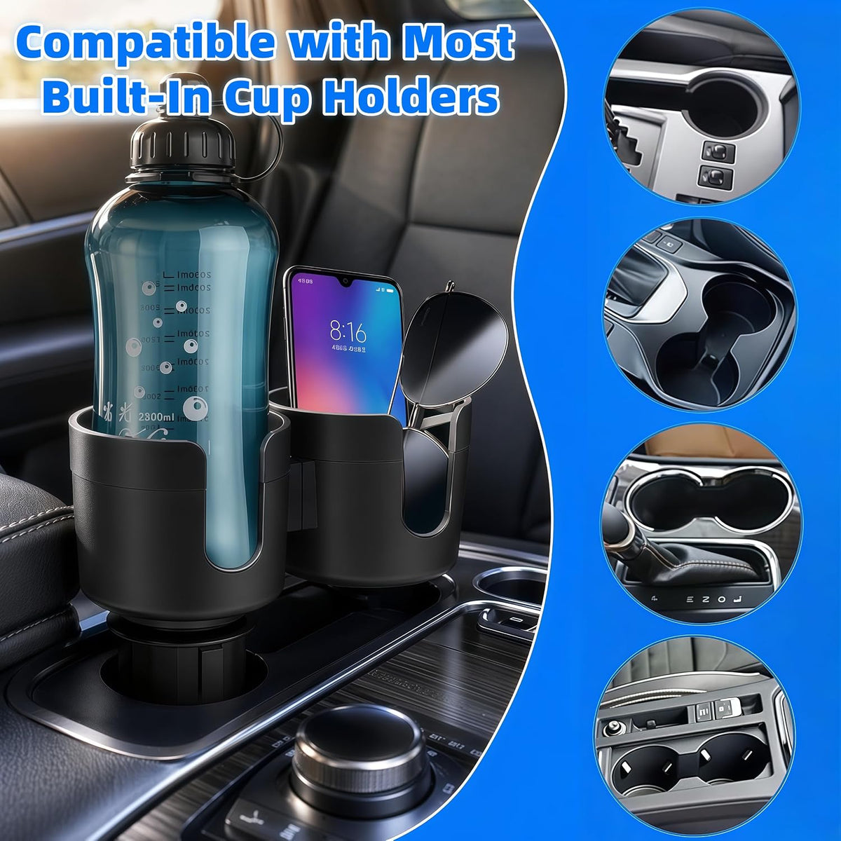 2 in 1 Cup Holder Expander, Dual Cup Holder Expander with Adjustable Base, Universal Multifunctional Cup Holder Insert for 10-46 OZ Bottles Cups Drinks Snack Organizer Holder (Black)