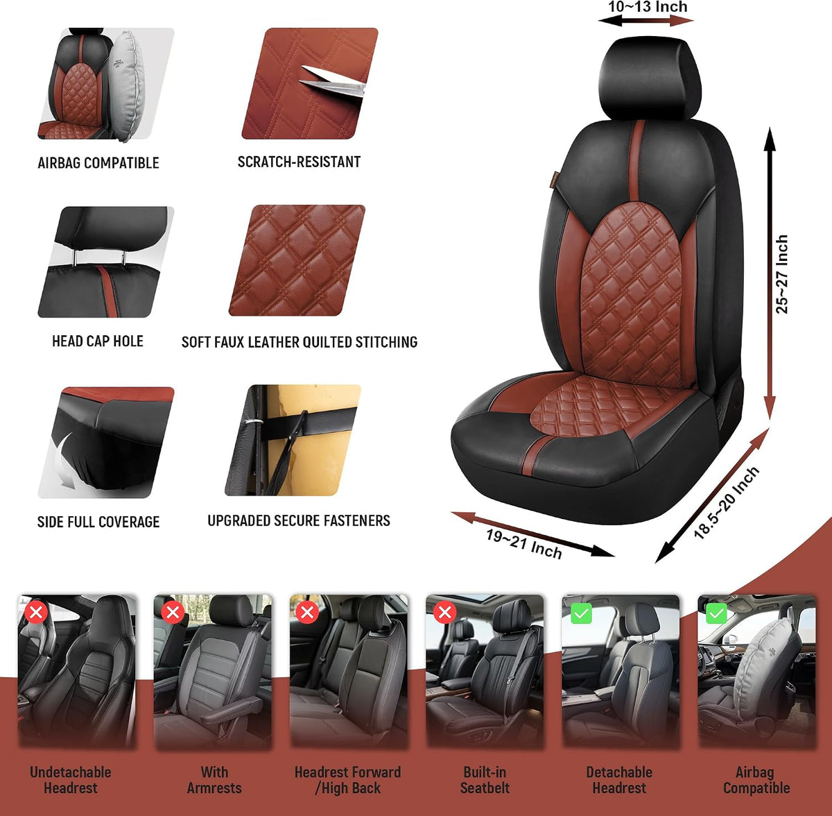 CAROMOP Luxury PU Leather Car Seat Covers Front Set, Anti-Stain Waterproof Automotive Seat Covers for Cars, Universal Car Interior Covers Seat Protectors for SUVs Pick-up Trucks(Burgundy Red)
