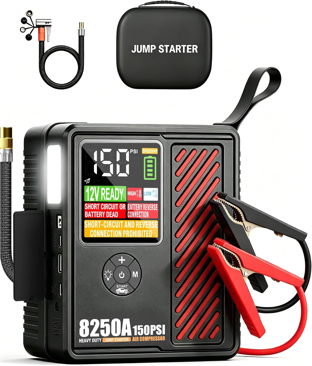 JFEGWO 8250A Jump Starter with 150PSI Air Compressor, 12V Battery Booster