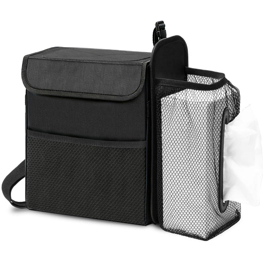 Ryhpez Car Trash Can with Tissue Holder, Leakproof Car Garbage Can with Detachable Car Napkin Holder, Hanging Car Trash Bin for Headrest, Console, Truck, SUV Car Accessories, Black