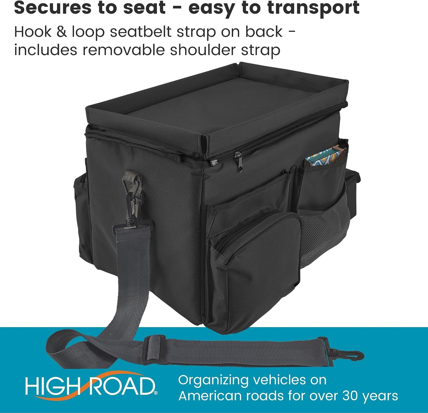 High Road CarHop Front Seat Car Organizer with Car Cup Holder, Passenger Seat Tray and Padded Filing or Cooler Compartment with Side Pocket Storage