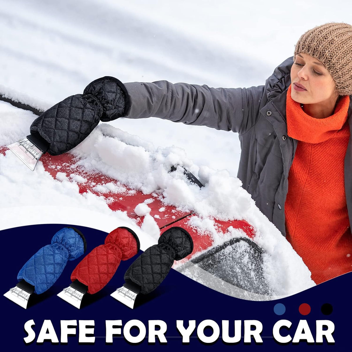 9 Pack Ice Scraper with Glove for Cars Windshield with Mitt Snow Warm Scraper Remover Waterproof Cozy Car Ice Scraper for Car Auto Truck Window Red Black Blue