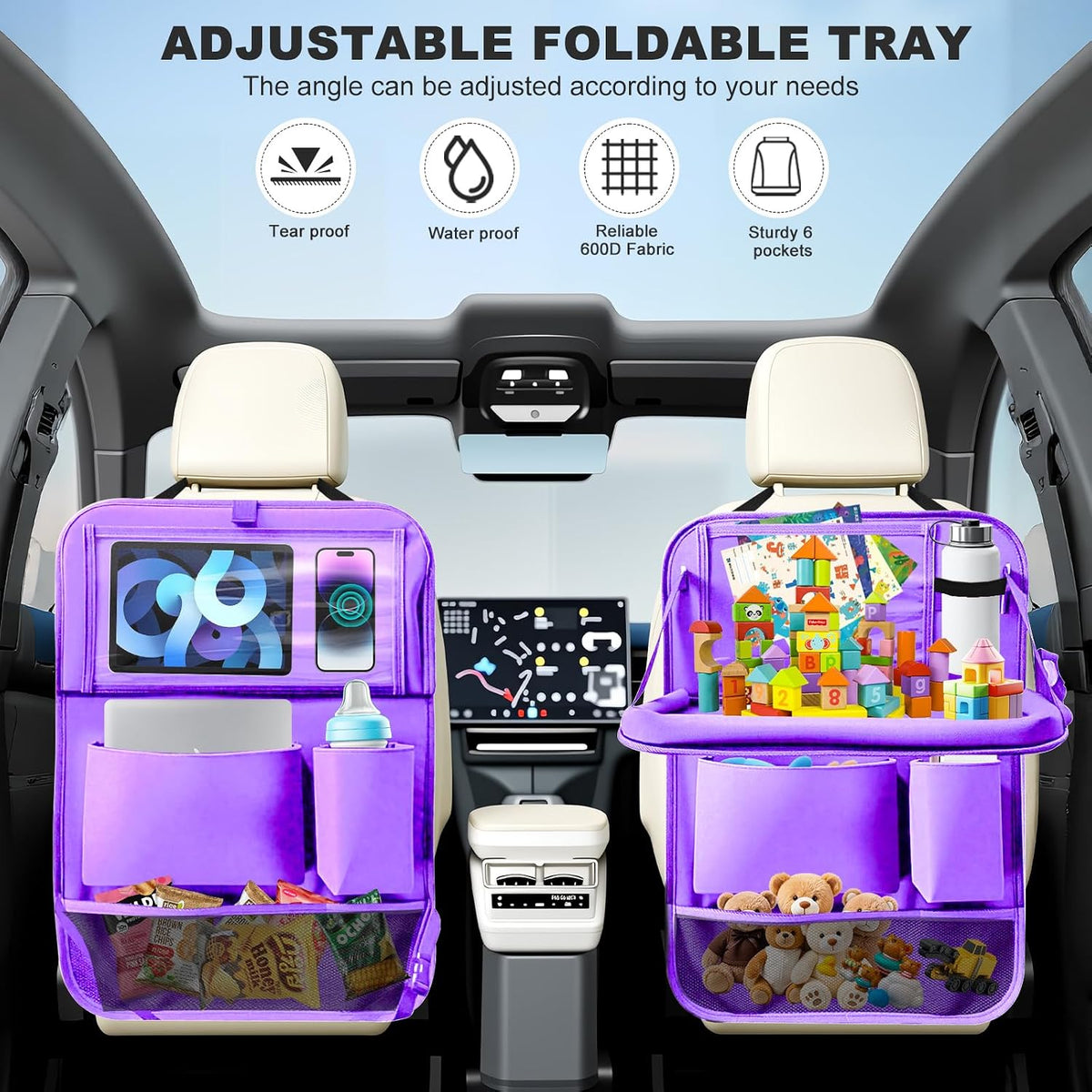2 Pack Car Backseat Organizer with Foldable Table Tray Purple