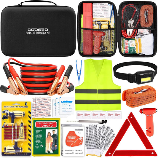15PC Car Emergency Kit with Jumper Cables, First Aid, Black