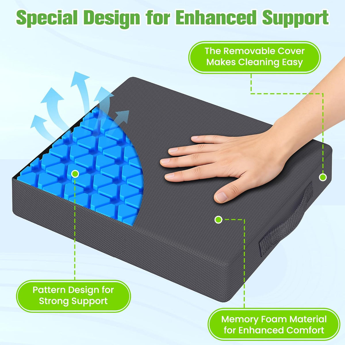 Seat Cushion for Office Chairs, Memory Foam Chair Cushion with Patterned Core for Even Support, Back, Tailbone & Sciatica Relief, Chair Pillow with Carry Handle for Car, Wheelchair(Gray