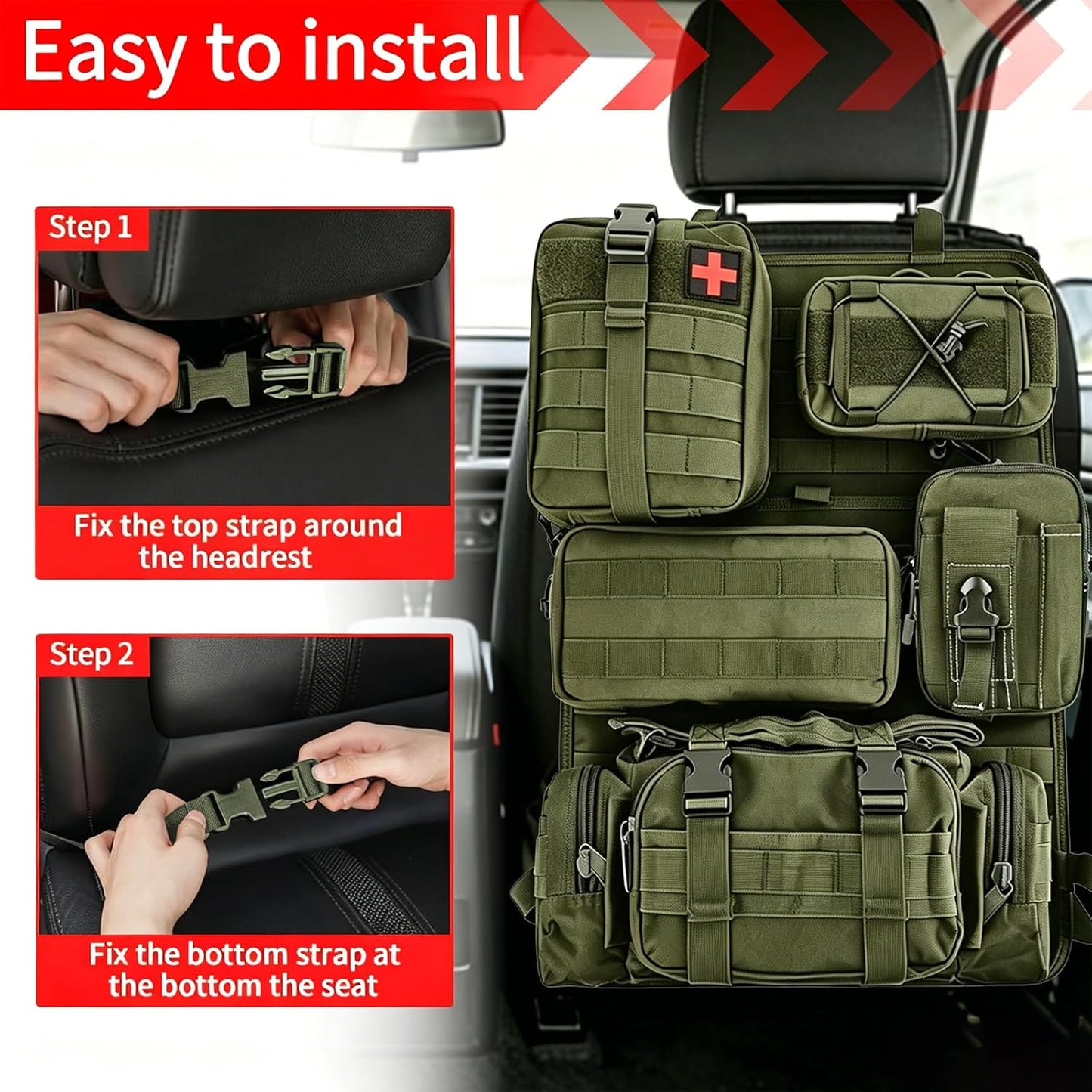 Tactical Car Seat Back Organizer with 5 Detachable Molle Pouches, 600D PU Waterproof Vehicle Seat Back Storage Bag, Universal Fit for Car, SUV, Truck, Pickup, Truck (Green)