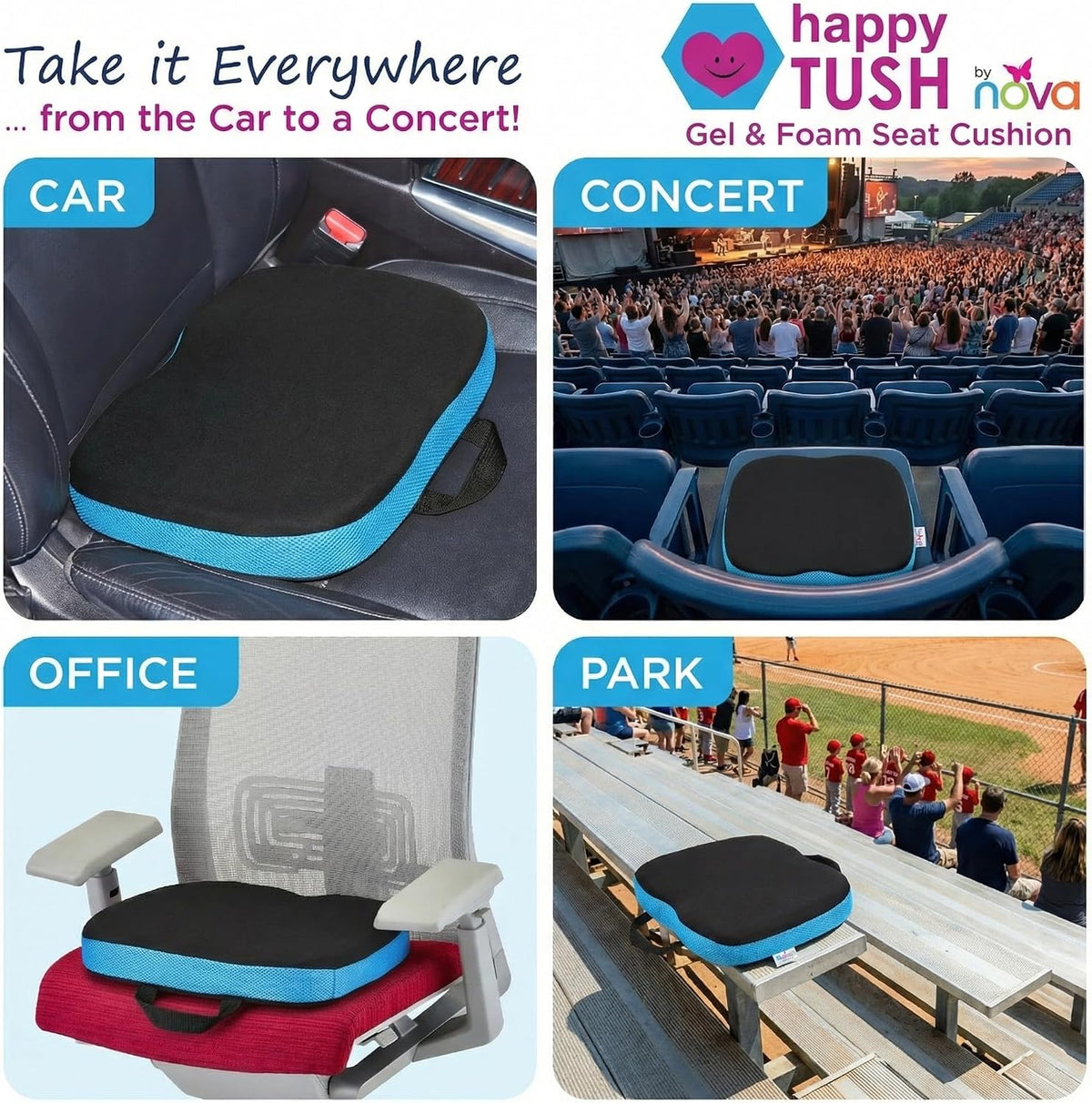 NOVA Happy Tush Gel Cell & Memory Foam Seat Cushion — Dual-Layer Pressure-Relief, 2.5" Thick, Foldable & Portable, Water-Resistant, Washable Non-Slip Cover, Home, Office & Travel