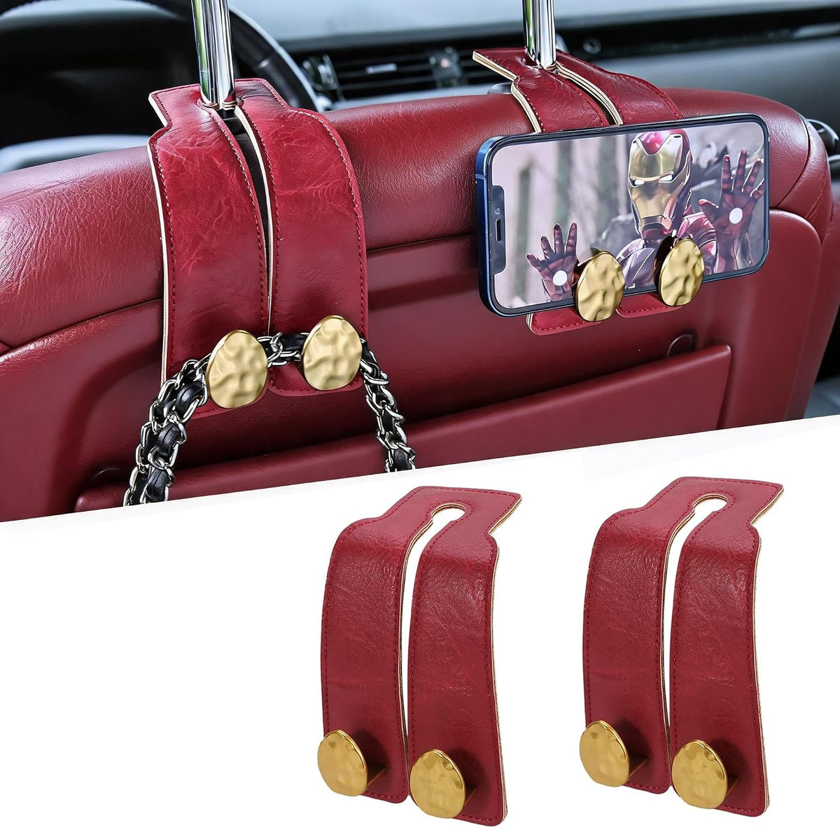 Leather Car Purse Hook for Headrest, 2 Pack (Red-Gold)